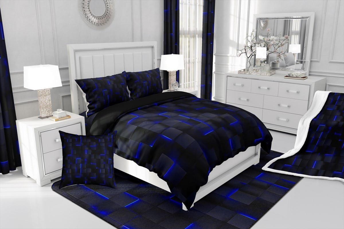 Erosebridal Royal Blue Black Queen Comforter Set,3D Geometric Checkered Bedding Sets,Neon Gaming Gamer Quilt Bed Set,Abstract Cube Bedroom Decor for Kids Teen Adults,2 Pillowcases