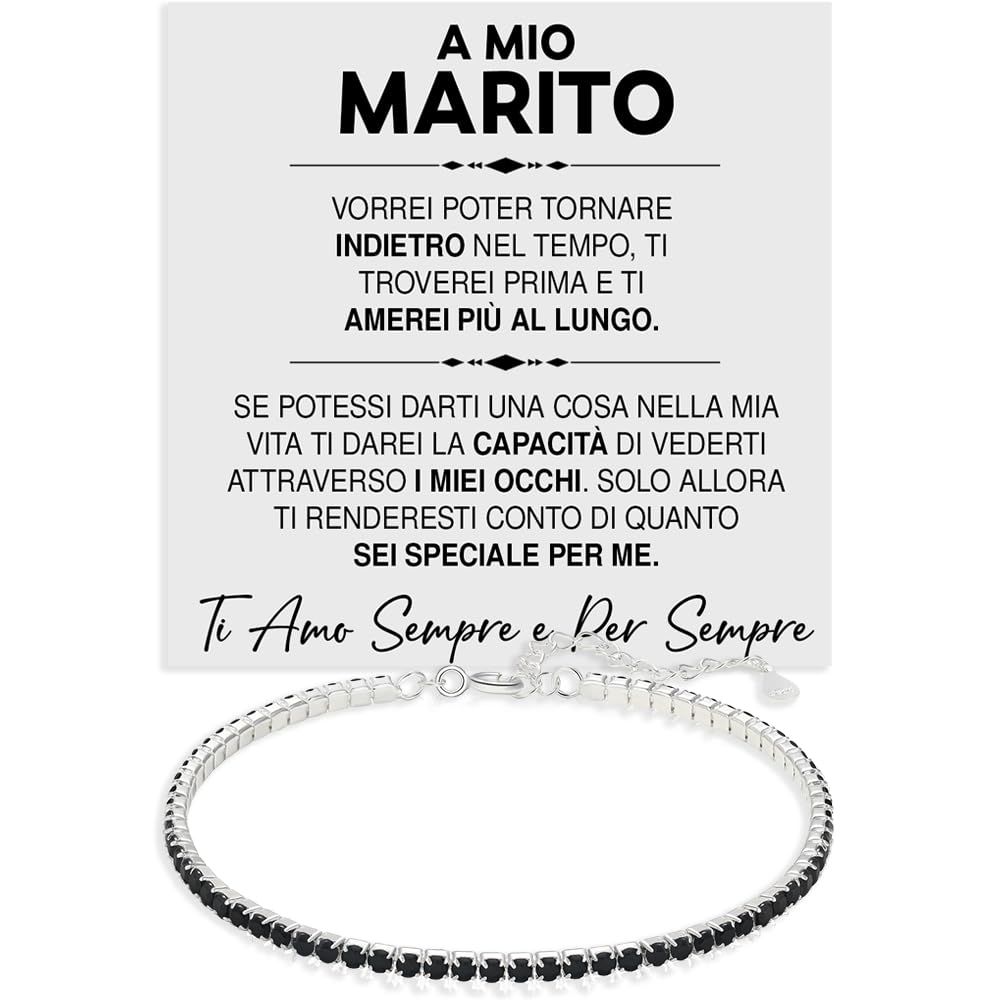 Bracciale Marito Tennis Uomo con Pietre di Zirconia Cubica Idea regalo Compleanno per lui Finitura in Oro Bianco Argento 925 Natale Anniversario - Cofanetto con DEDICA incluso