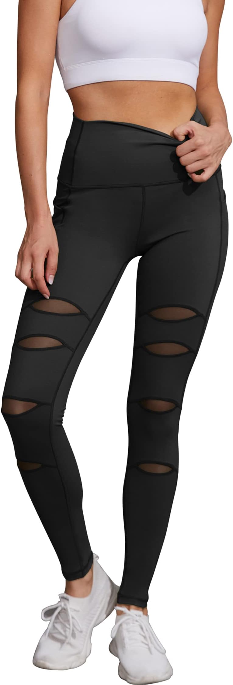 H HIAMIGOS Women's High Waist Ripped Gym Leggings with Phone Pocket Yoga Pants Workout Fitness Running Skinny Trousers