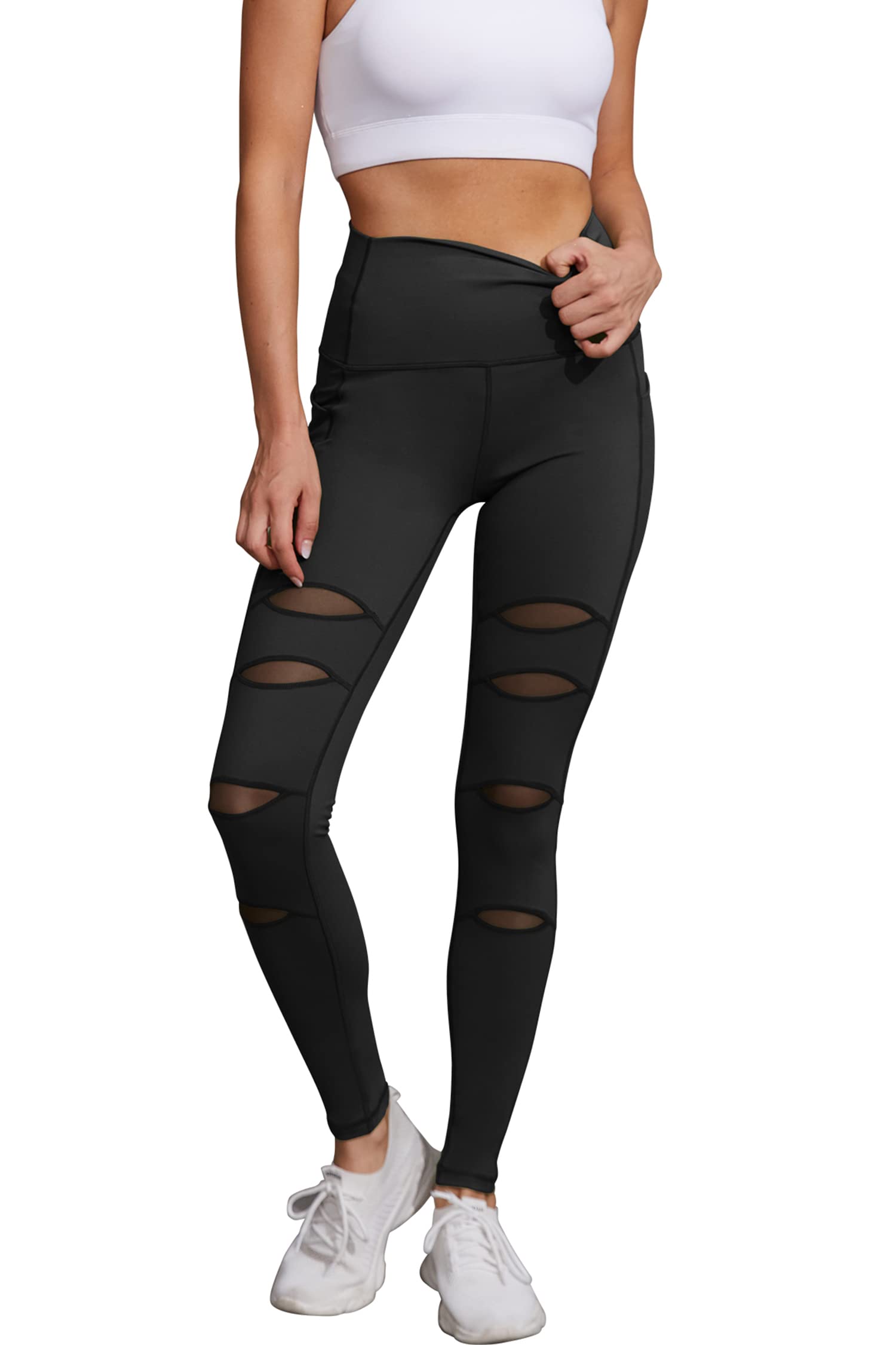 H HIAMIGOS Women's High Waist Ripped Gym Leggings with Phone Pocket Yoga Pants Workout Fitness Running Skinny Trousers