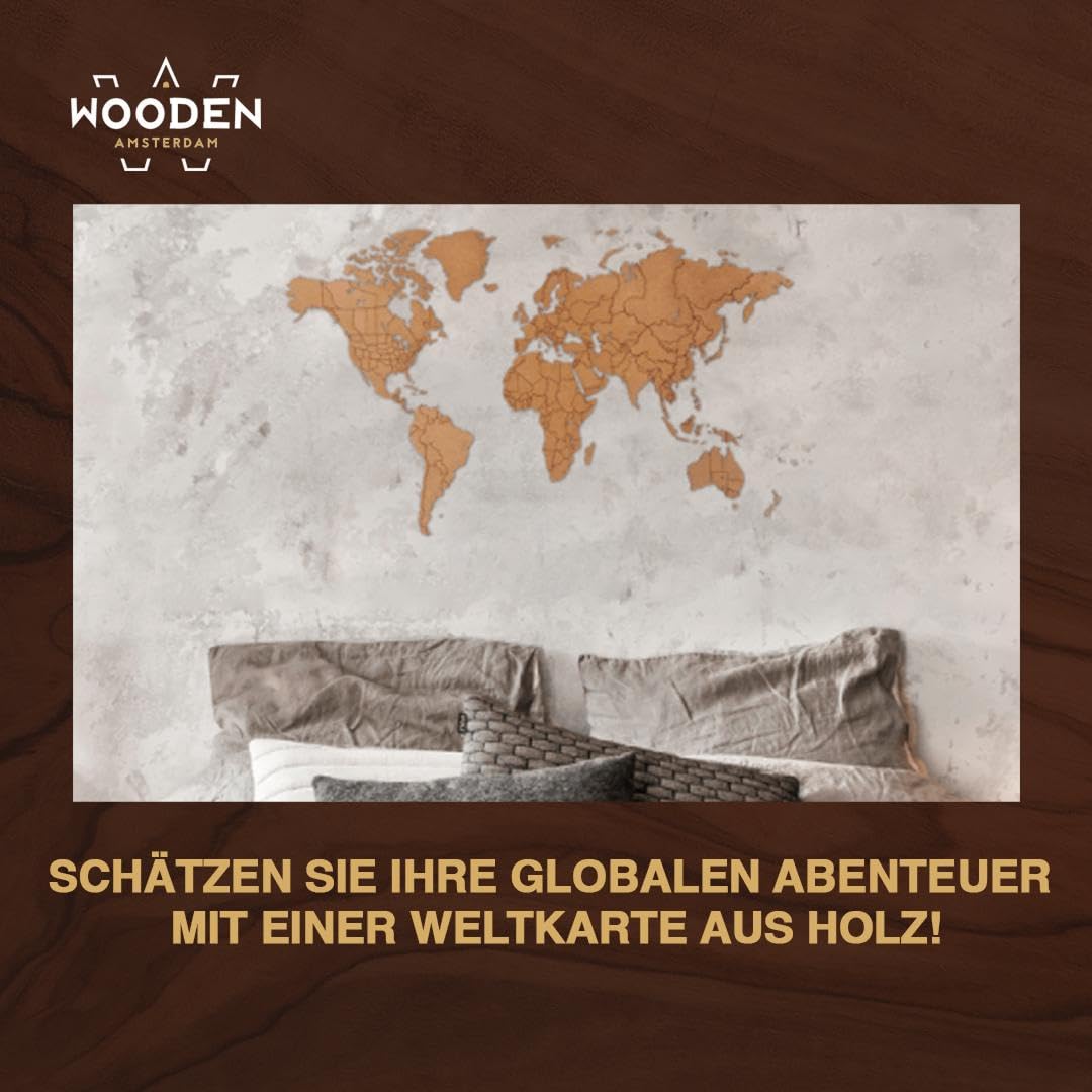 MiMi Innovations Weltkarte Holz Puzzle Braun HDF | Wanddeko | Personalisierbar mit 96 Pins | DIY Weltkarte zum Pinnen aus FSC-zertifiziertem Holz (150 x 90 cm)