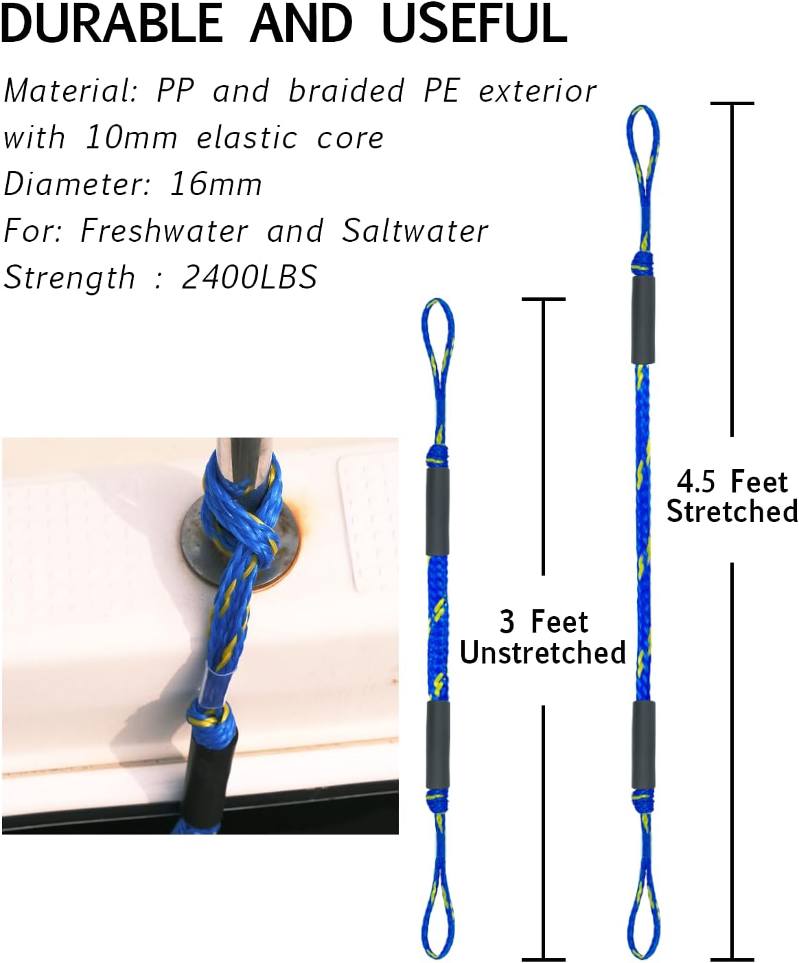 2PCS Dock Lines 3FT Premium Bungee Boat Lines Boat Accessories (Blue+Yellow, 3Feet)