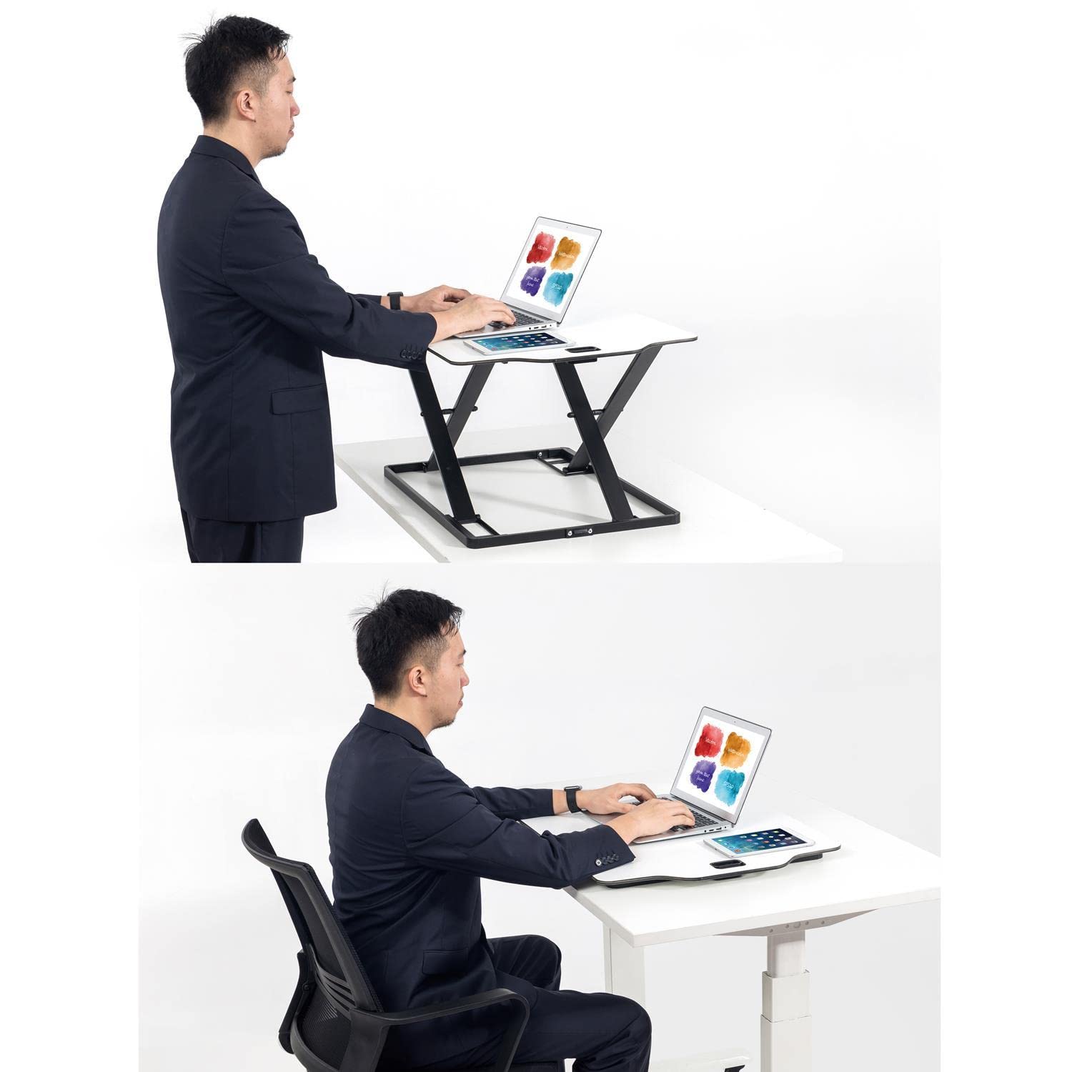 ER-420 Sitz-Steh-Schreibtisch Höhenverstellbarer Schreibtischaufsatz mit Gasfeder Schreibtisch Konverter für Monitor Laptop bis max. 10kg (Weiß)
