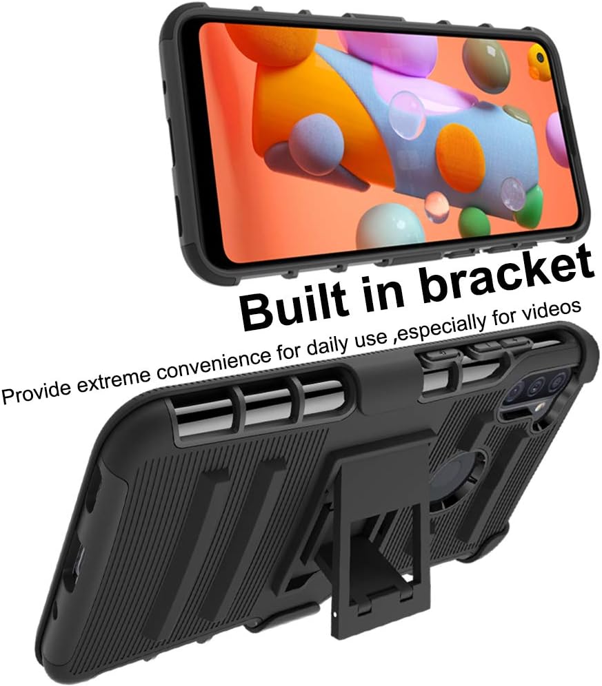 ChangeJ Compatible for Samsung A11 Case, Military Grade Protection with Tempered Glass Screen Protector Holster Belt Clip Amor Case for Samsung Galaxy A11 - Black