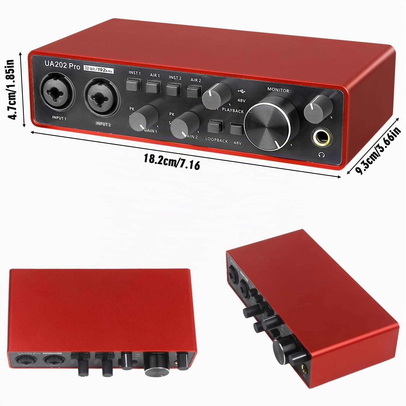 USB Interfaz de Audio para Ordenador Grabación de Música (Rojo), 2 Canales de Guitarra Interfaz de Audio, 32Bit/192kHz Podcasting Streaming con 48V Phantom Power