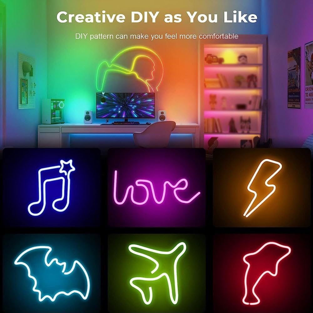 Tira neón Rgb,tira luz TV LED cortable rgbic,material silicona que puede hacer bricolaje en múltiples formas,luz juego LED control inteligente,tira retroiluminación con función sincronización música (