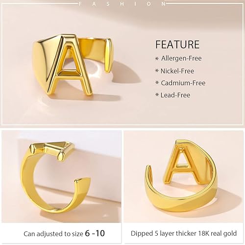 Miniatura 6 de KeyStyle Bold Initial Letter Ring Adjustable, GoldChic Jewelry Women Gold Statement Rings Personalised Engraved Womens Open Signet Ring for Party