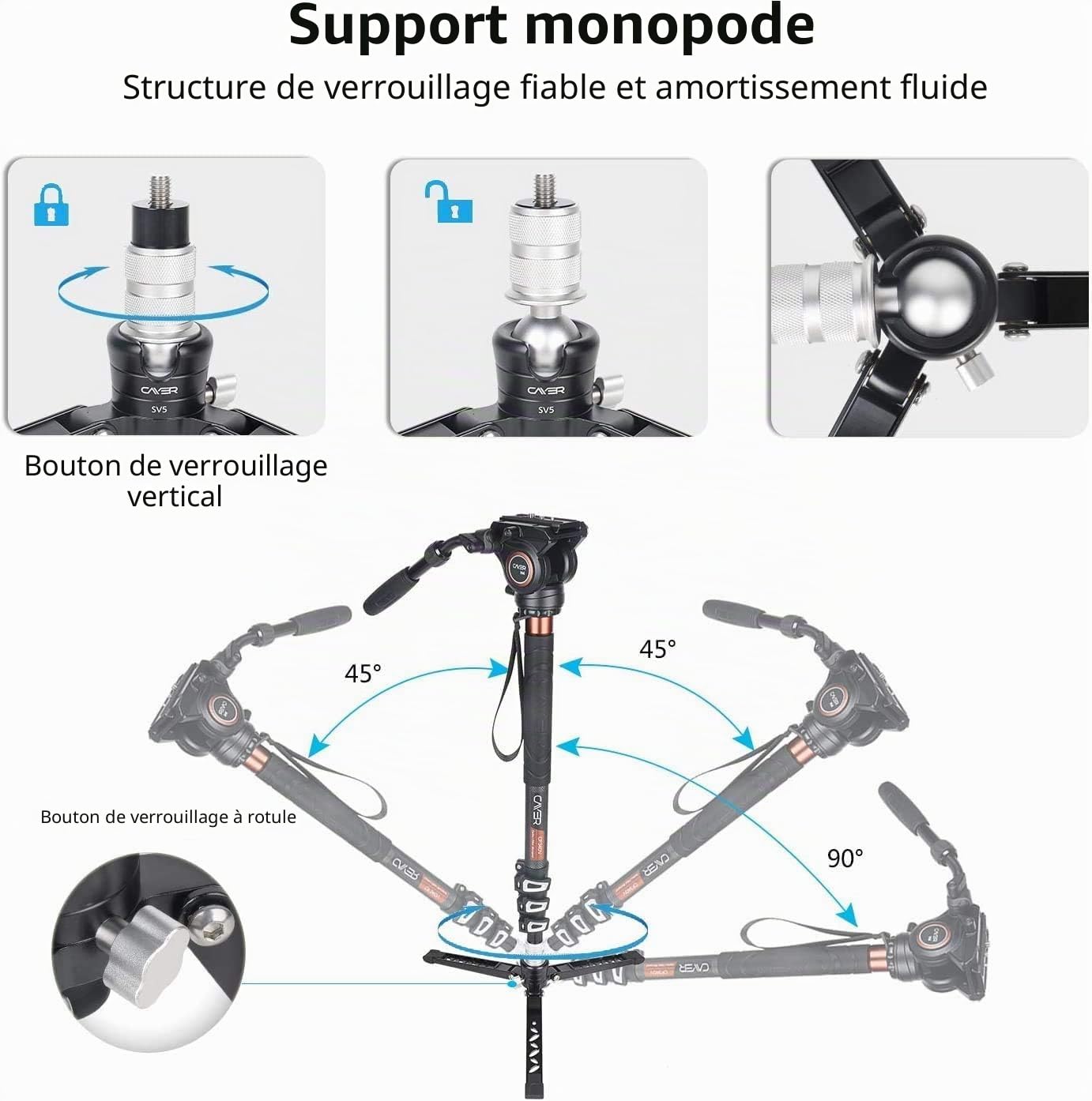 Cayer Mini trépied de Table, Support de trépied en Aluminium SV5 3 Pieds pour monopodes avec vis de Montage 3/8 "-16