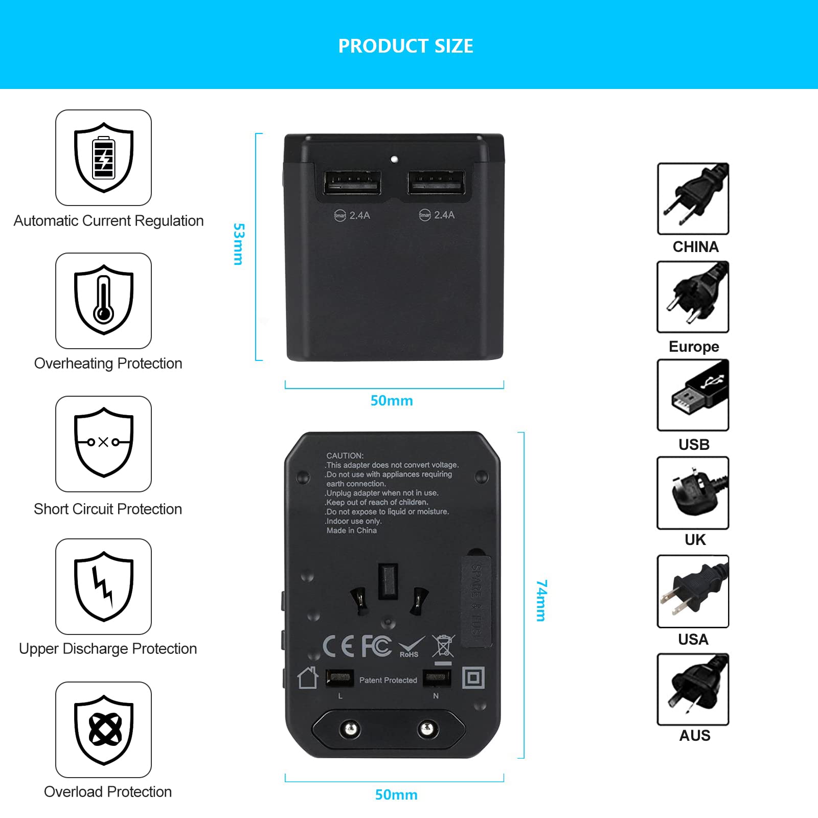 NDDI POWER 5 In 1 Adattatore Universale Da Viaggio Accessorio 45w Presa Universale Da Viaggio Con 3usb-A 1usb-C 1 Ac Per Fotocamere Digitali, Tablet, Supporta Spine Di Tipo A/B/G/E/F ((Us/Uk/Eu/Usa))