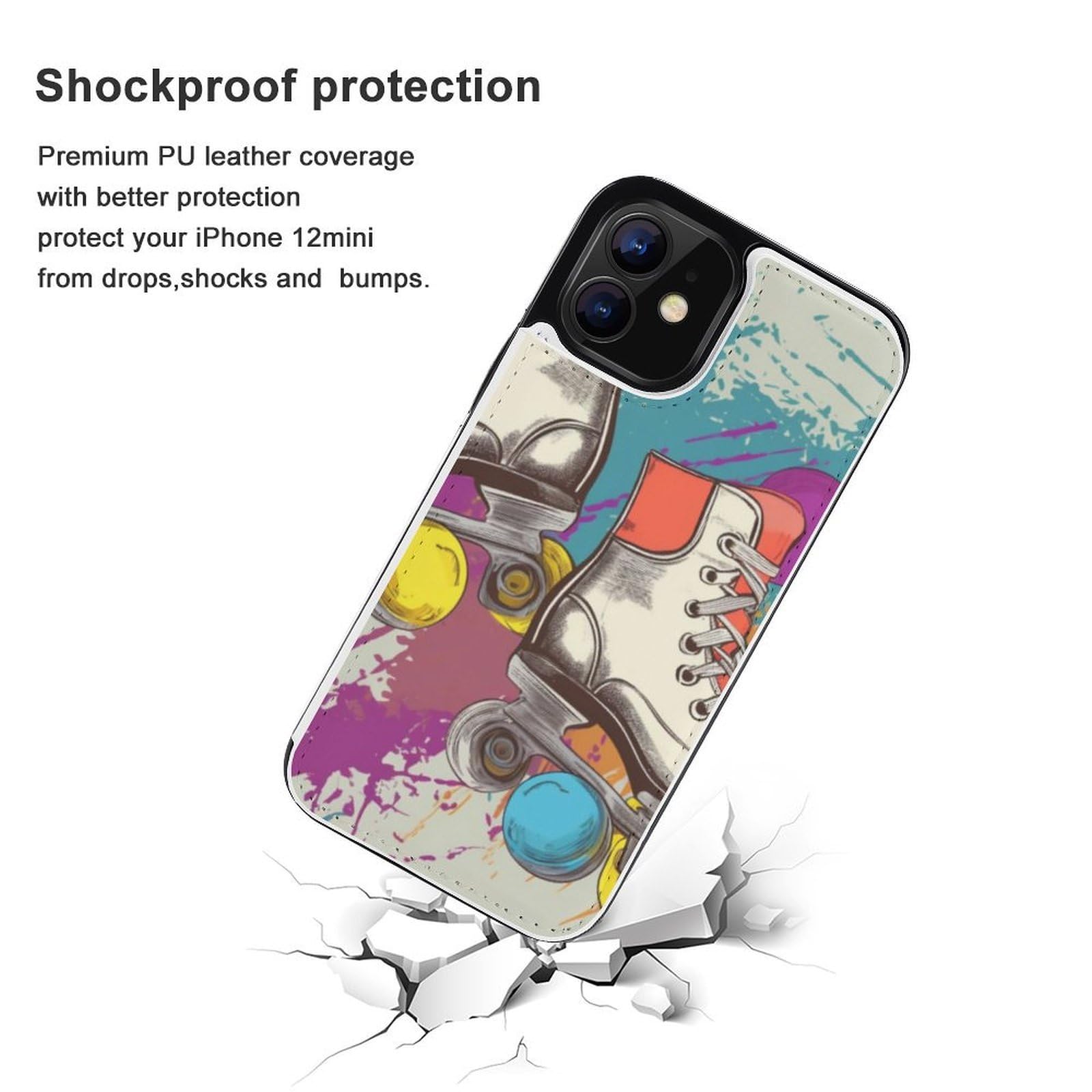 Fundas tipo cartera para iPhone 12 Mini, diseño retro de patines de ruedas, de piel, con ranuras para tarjetas