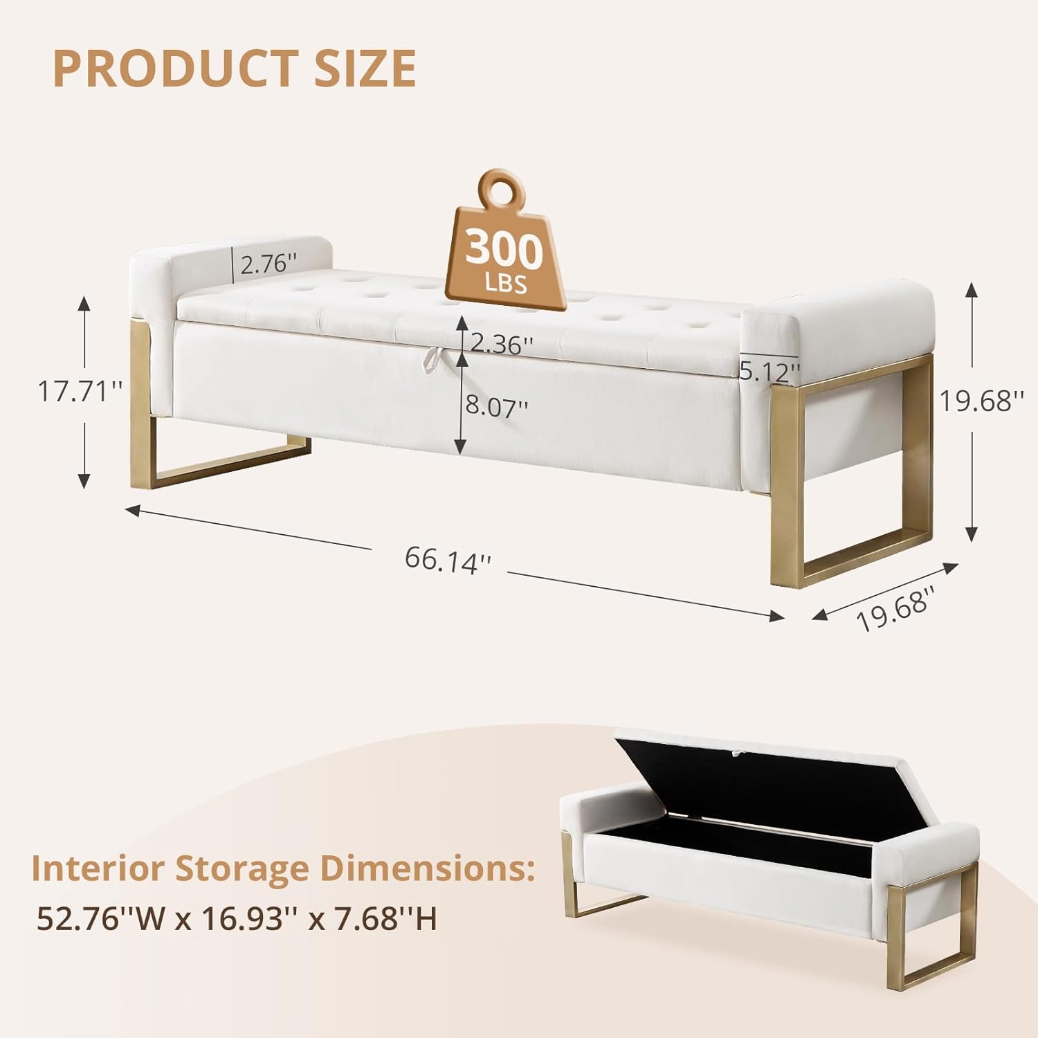 End of Bed Storage Bench, 67'' Benches for Bedroom Foot of Bed King Size, Morden Velvet Storage Ottoman Bench with Gold Legs for Windows Living Room, Cream