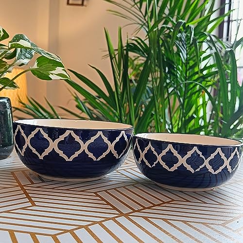 Image of Niyara Ceramic Printed Bowl Set of 2 | Premium Serving Bowls for Snacks, Soup & Desserts | Microwave & Dishwasher Safe (Blue Delta Bowl)