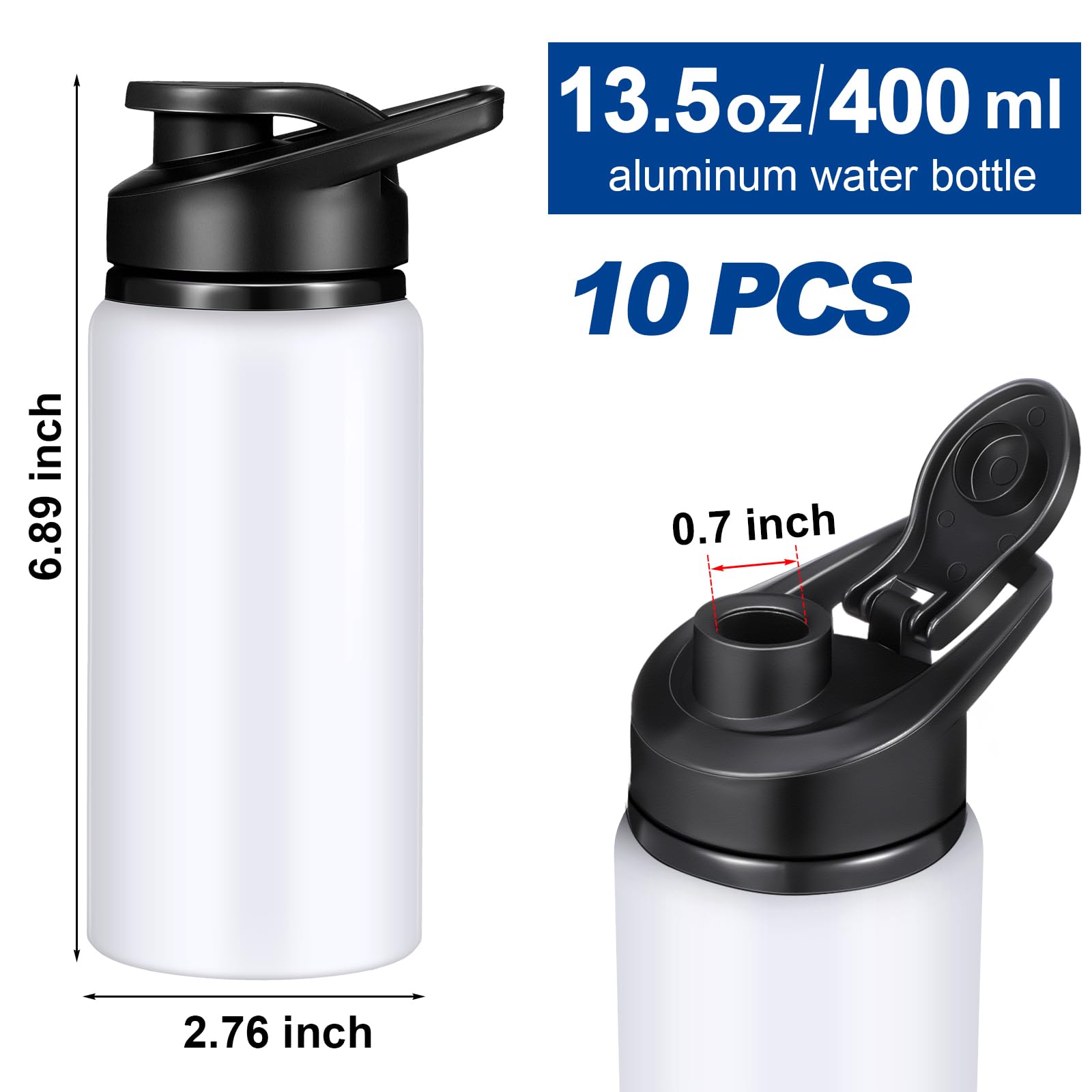 Mimorou Wiederverwendbare Aluminium-Wasserflaschen, 383 ml, für Outdoor-Sport, Multipack, Reiseflaschen für Fitnessstudio, Wandern, Radfahren, Camping, Angeln, Schnappdeckel, Weiß, 10 Stück