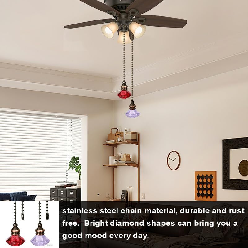 Image of 2pcs Crystal Diamond Ceiling Fan Pull Chain Ornament, 12 inch Ball Chains Red & Purple Fan Light Pulls Decorative Extension with Connector