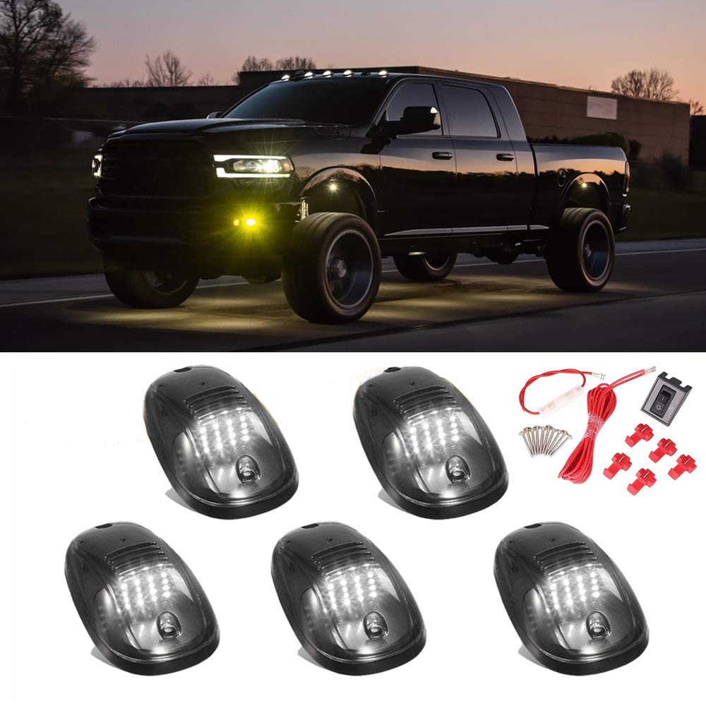 5 X Cab Marker Light, Compatible with 2003-2018 Dodge Ram 1500 2500 3500 4500 5500 Pickup Trucks Smoke Lens White 16 LED Housing Cab Roof Running Lights, Top Clearance Light Harness w/Wiring Pack