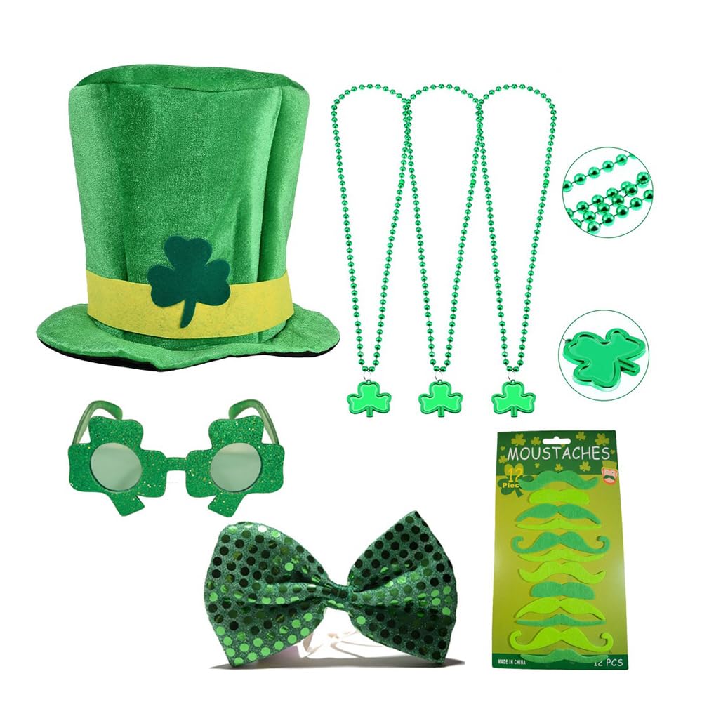 BaronHong St. Patrick's Day Costume Accessories Set,Shamrock Leprechaun Hat,Beard,Vest,Bow Tie,Necklaces,Glasses(7-pack,M)