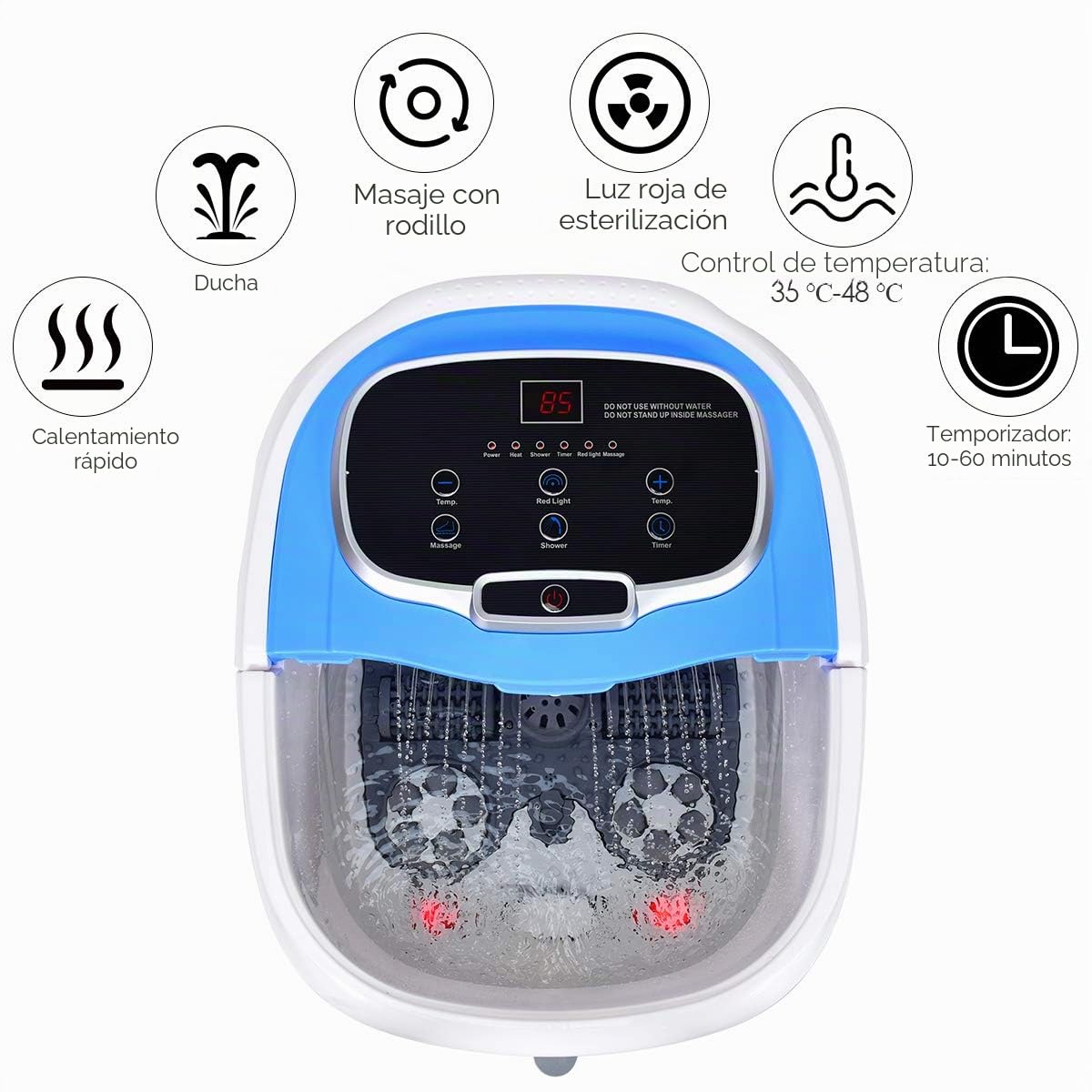 GOPLUS - Baño de pies relajante con luz roja y función de ducha, calentador y vibrador con burbujas, masajeador de baño de pies con temperatura y tiempo ajustable, 6 rollos eléctricos (azul)