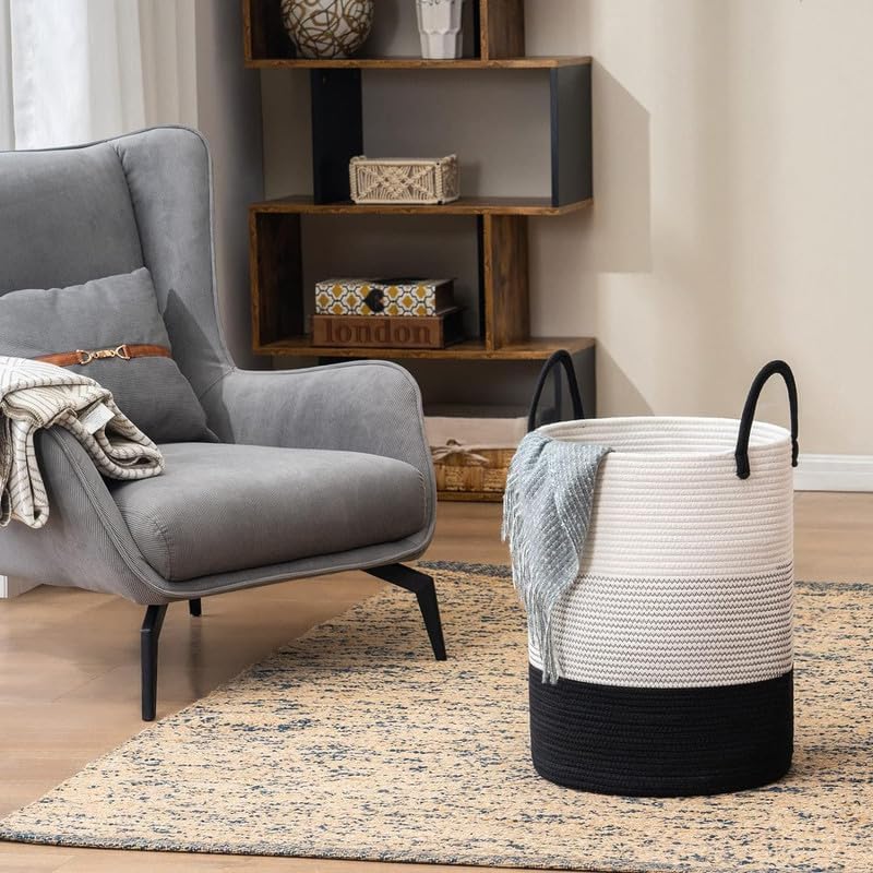 Image of Jute Cotton Rope Laundry Basket with Handles, Large Tall Clothes Hamper for Bedroom, Baby Nursery, Bathroom, Laundry Room & Home Storage Organizer (14x16 Inch, White Black Grey)