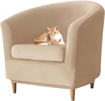Velvet Club Chair Slipcover, Soft Stretch Barrel Chair Covers with Cushion Cover Removable Non Slip Tub Chair Slipcover for Living Room-Beige Gray-2 Piece