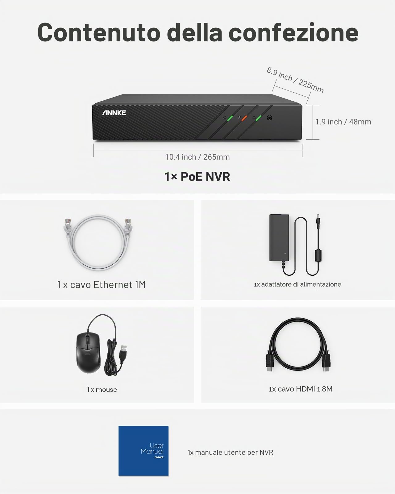 ANNKE Sistema di sorveglianza 8CH PoE NVR per registrazione 24/7, sicurezza interna ed esterna, supporta 8 X 6MP/5MP/1080p/720p HD PoE IP, H.265+ (HDD non incluso)