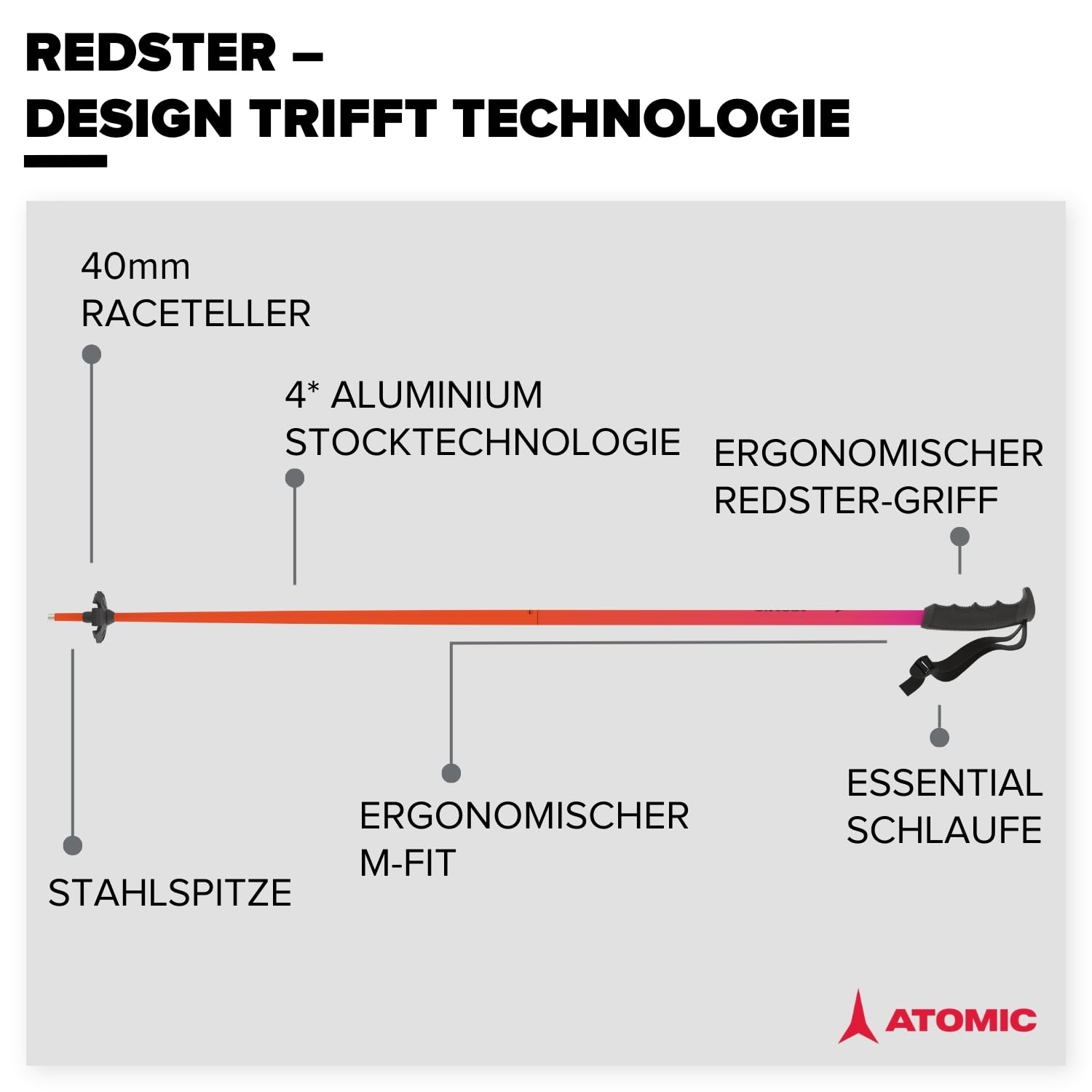 Atomic REDSTER Skistöcke I Rot I Ski-Stöcke mit ergonomischem Griff & 60 mm Pistenteller I Robuste Ski-Poles aus hochwertigem Aluminium I Skistock mit Verstellbarer Schlaufe
