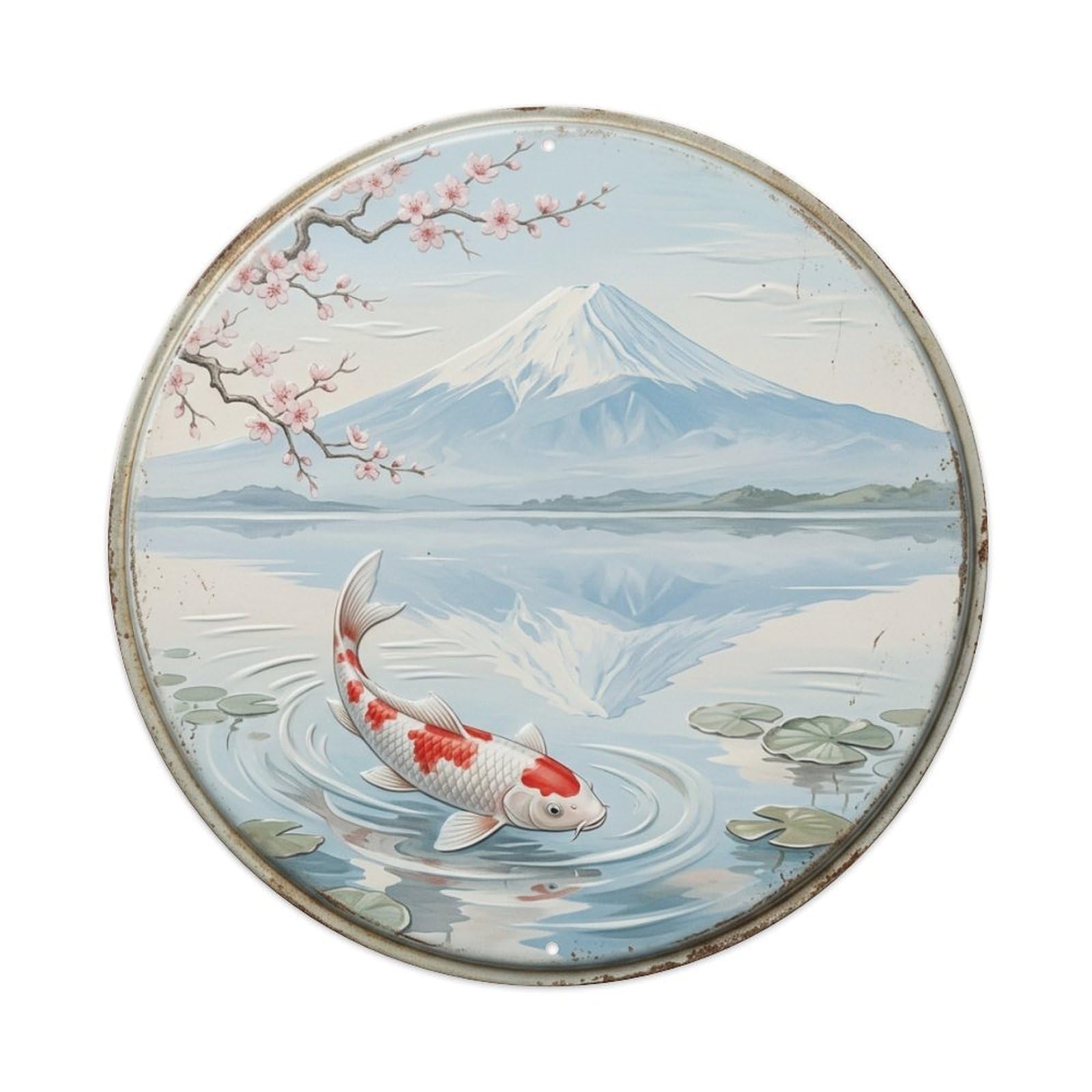 Fuji Mountain Reflection Koi Fish 1 Vintage Metal Tin Sign Plaque Wall Decor for Cafe, Club Bar, Office, Garden Metal Poster 8x8Inch