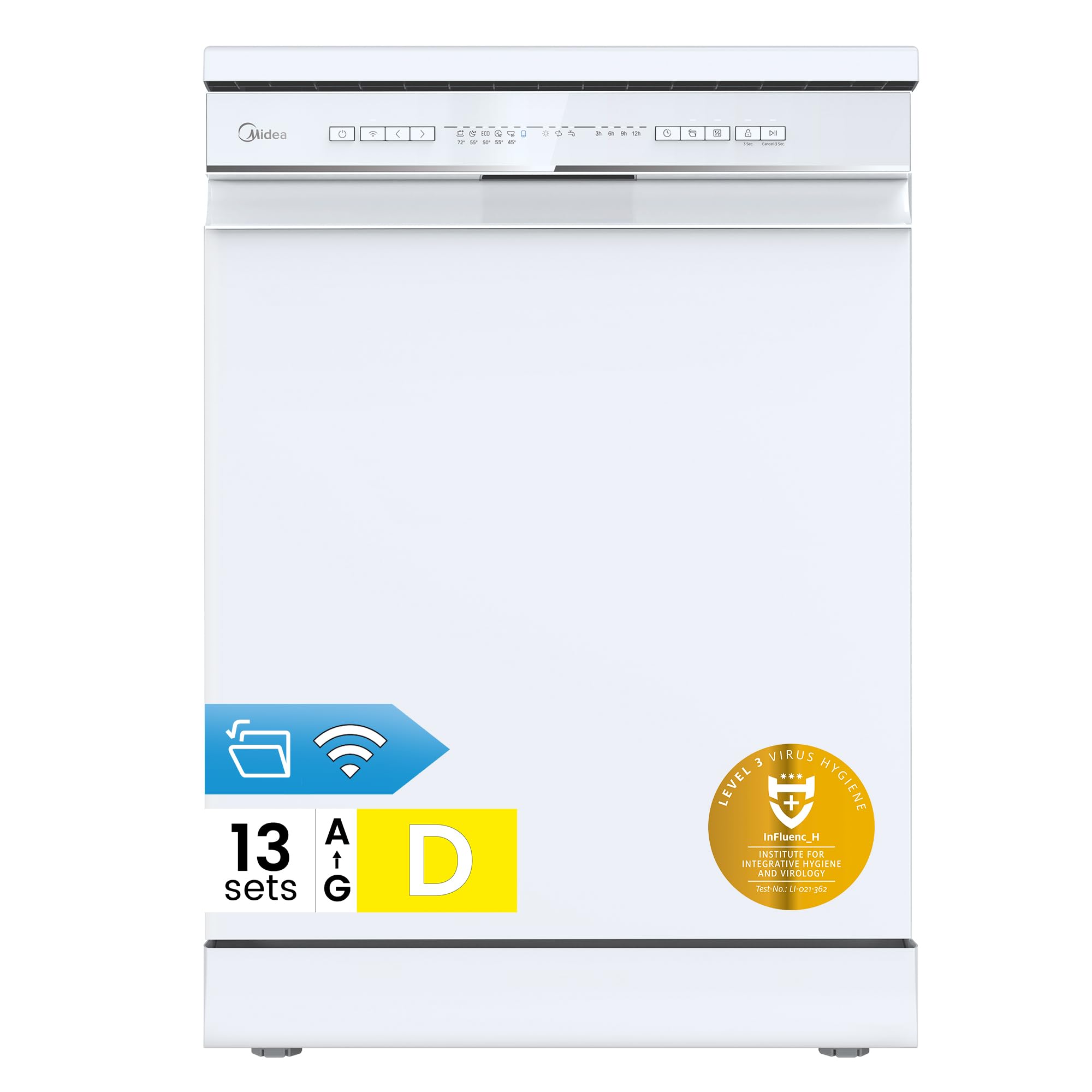 Midea MDWPF1333CW-WD-EU Lavastoviglie Libera Installazione con 13 coperti, 8 Programmi, Partenza Ritardata, Funzione di Mezzo Carico, Asciugatura Extra - Bianco