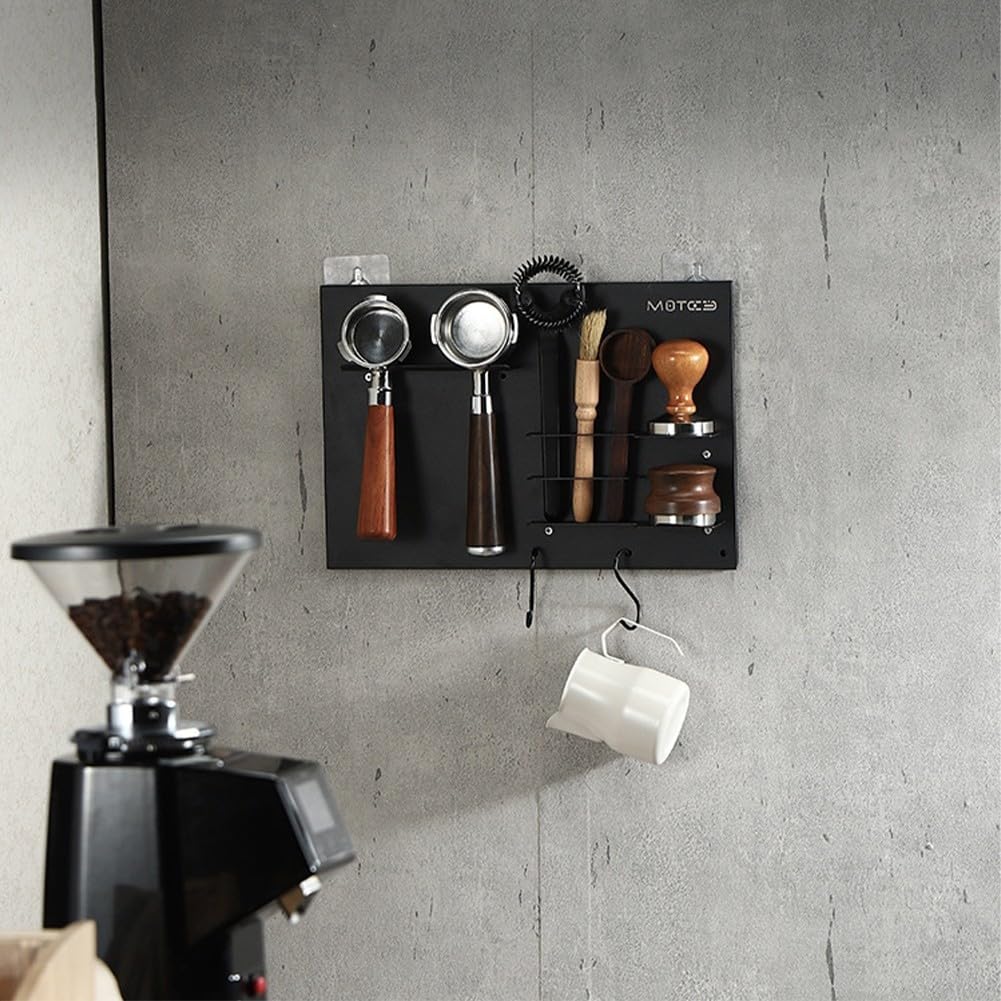 Stabiler Espresso-Siebträger aus Metall, Wandhalterung, Kaffee-Griff, Aufbewahrungsregal, multifunktionales Kaffee-Utensilien-Aufbewahrungsregal (schwarz)