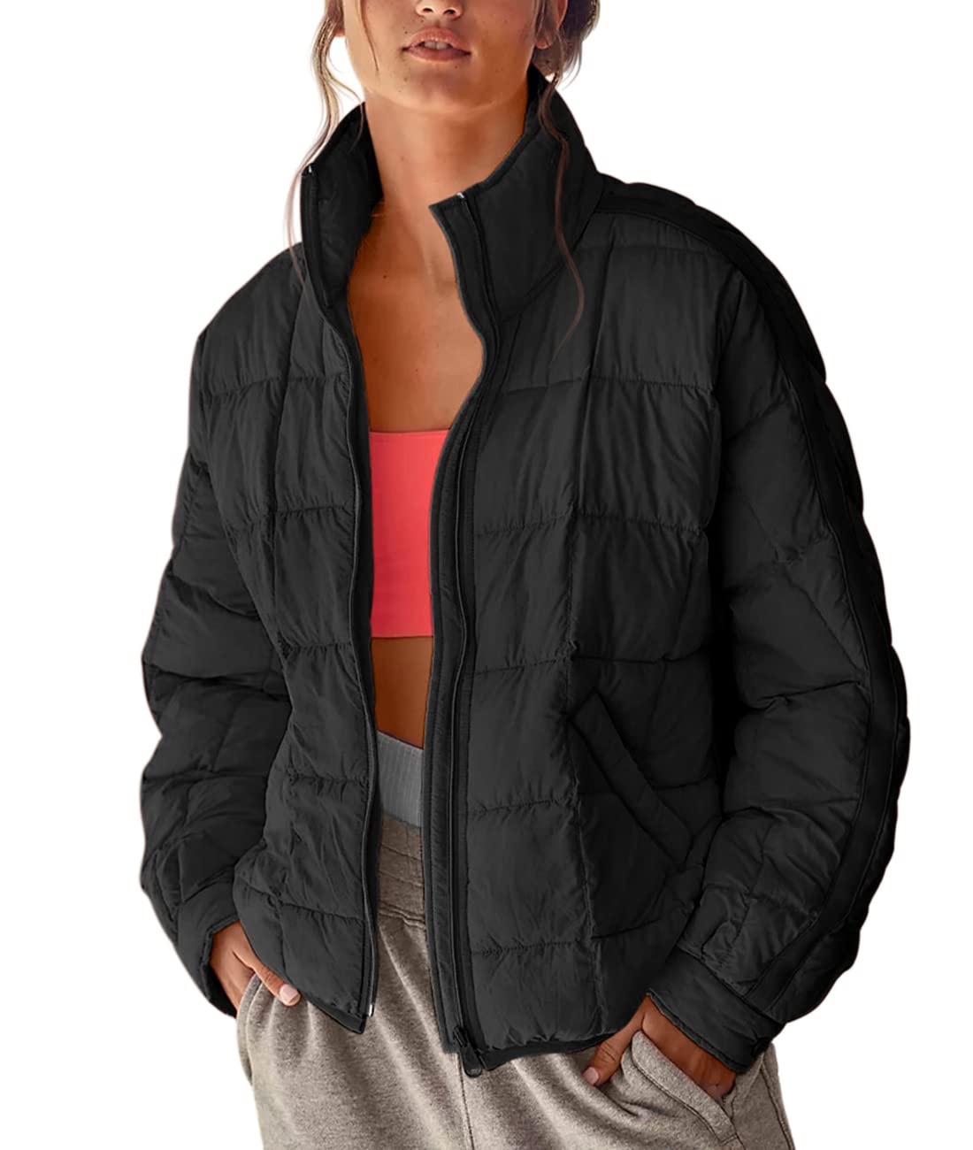 Aiopr Women's Oversized Lightweight Down Coat Long Sleeve Zip Packable Short Puffer Jackets
