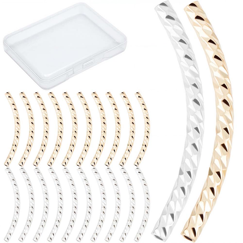 CREATCABIN 2 Colors 20 Pcs Curved Tube Beads 18K Gold Plated & Platinum Fish Scale Noodle Tube Bead Long Curved Brass Tube Spacer Connector Bulk for Jewelry Making Charms Accessories 20mm