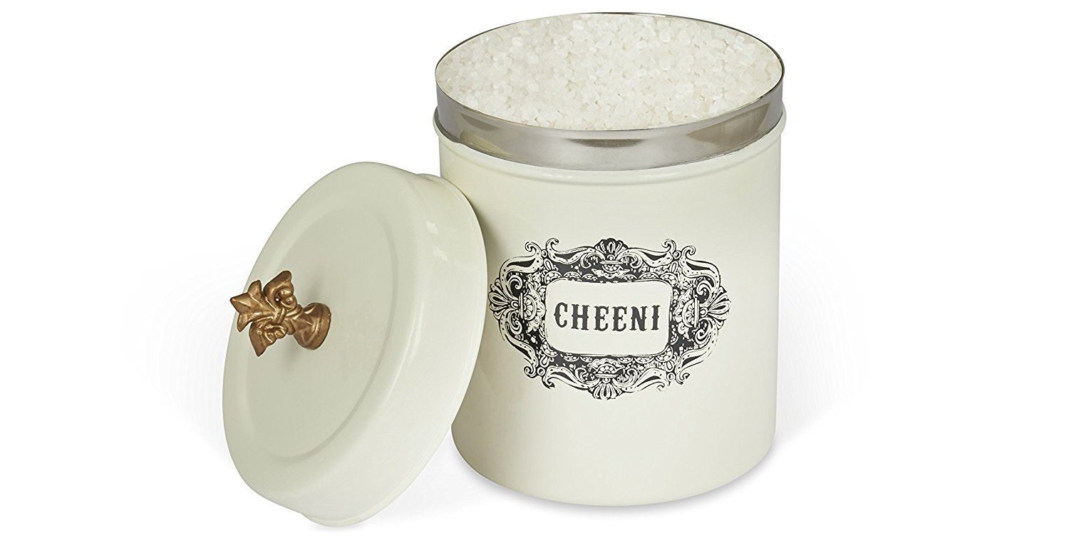 Elan Bergen Cheeni Stainless Steel Food Storage Canister Cookies Box Kitchen Staples Jar Round Grocery Container Dabba (Ivory)