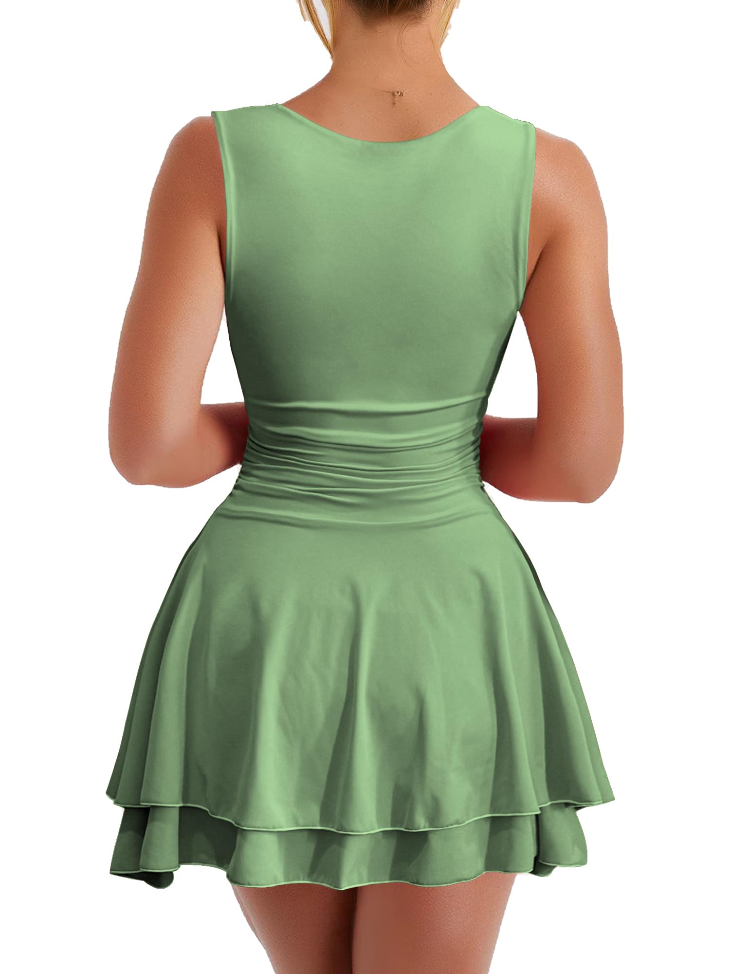 Kaximil Women's Square Neck Ruffle Hem Mini Dress Ruched Waist Short Party Dresses: X-Small Pea Green