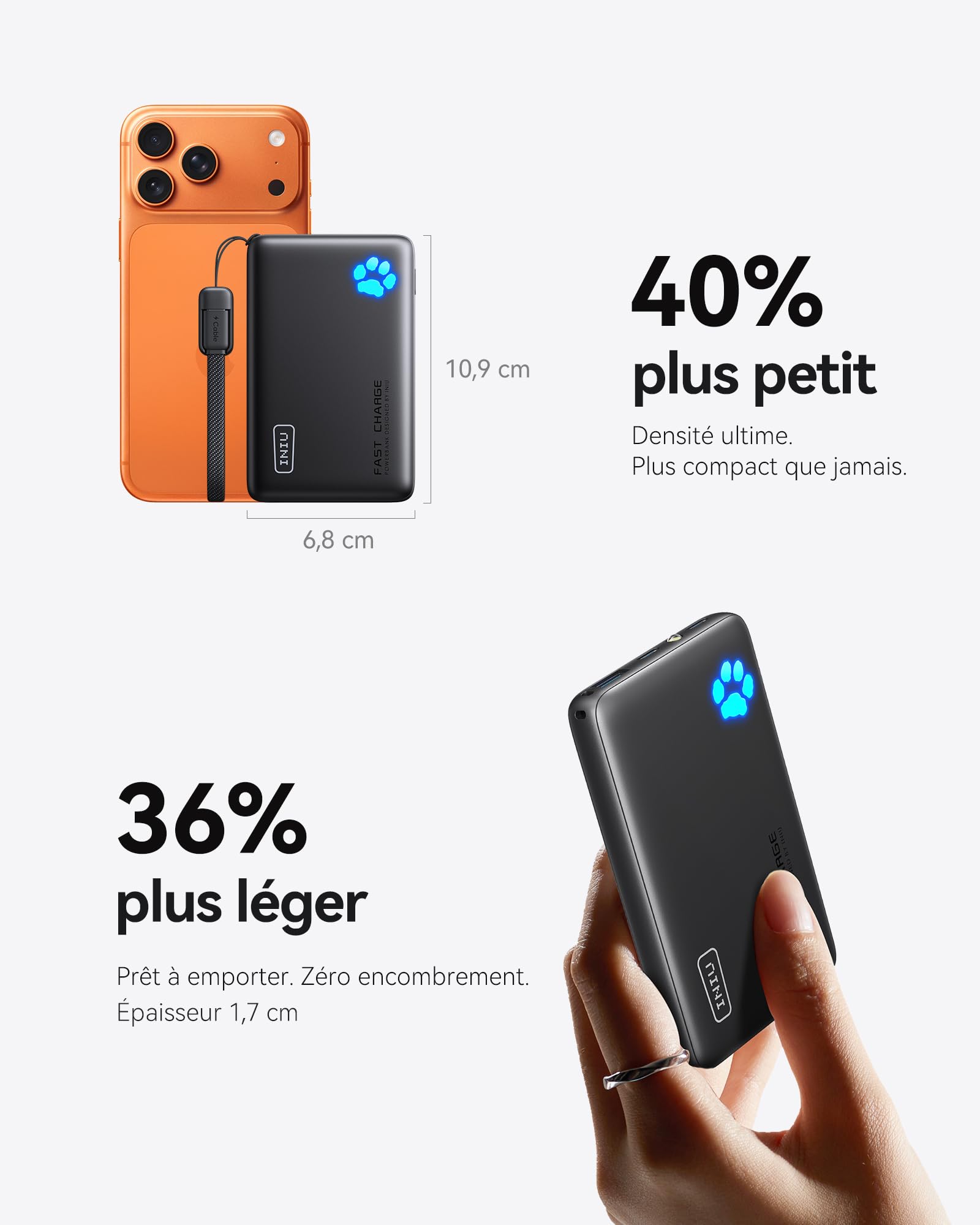 INIU Batterie Externe, Petit 45W Charge Rapide 10000mAh Power Bank avec Câble USBC Amovible, Autorisé en Avion, Essentiels de Voyage, Powerbank pour iPhone 17 16 Pro, Samsung, Xiaomi, iPad, etc
