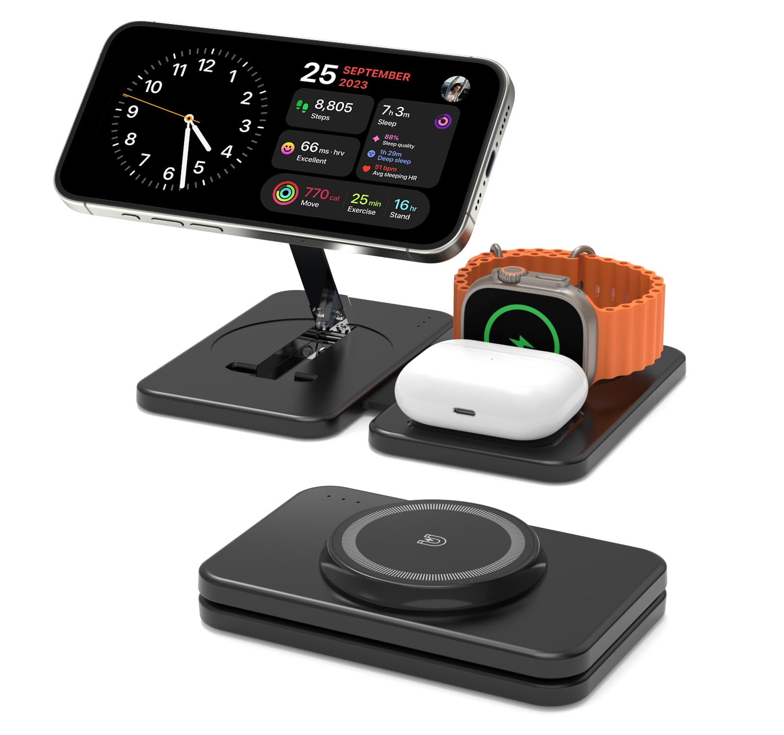 GEEKERA Caricatore con Magsafe, 3 in 1 Stazione di Ricarica per Apple Watch e iPhone 16/15/14/13/12/Pro Max/mini, Caricatore Wireless per iWatch 2-Ultra 2, Base Caricabatterie per AirPods 2-Pro-Nero