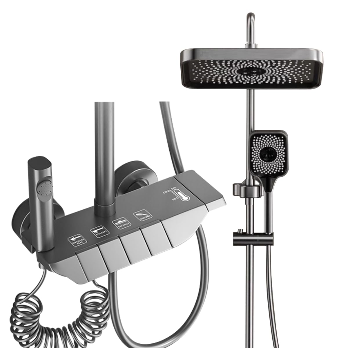 system prysznicowy z termostatem,System prysznicowy z deszczownicą 31x20 cm, prysznicem ręcznym, ukrytą wylewką wanny, regulowaną wysokością i pistoletem natryskowym do łazienki.