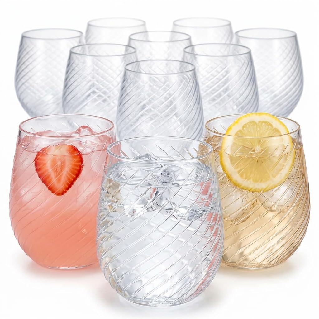 Oojami 40 Pack 12 oz Disposable Wine Glasses Stemless Ribbed Plastic Cups