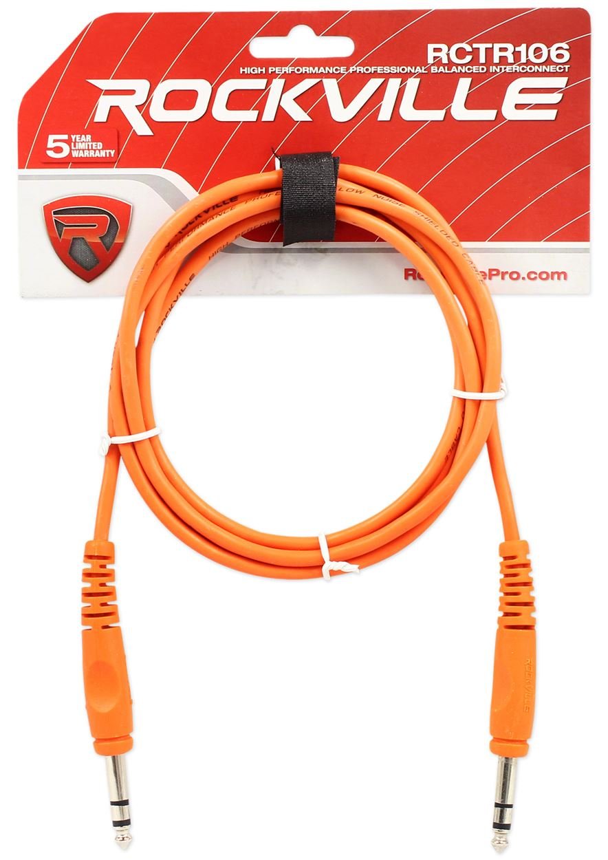 Rockville RCTR106O 6' 1/4'' TRS to 1/4'' TRS Cable, Orange, 100% Copper