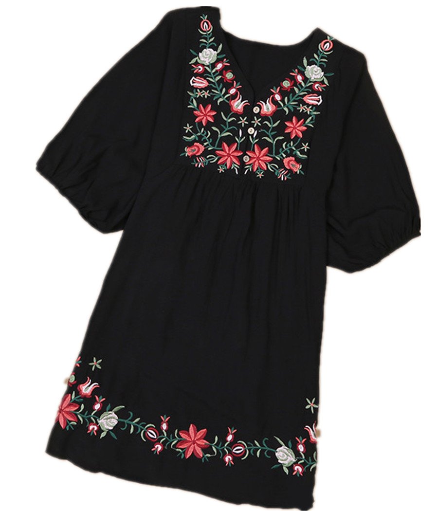 KafeimaliSummer Dress V Neck Mexican Embroidered Peasant Women's Dressy Tops Blouses