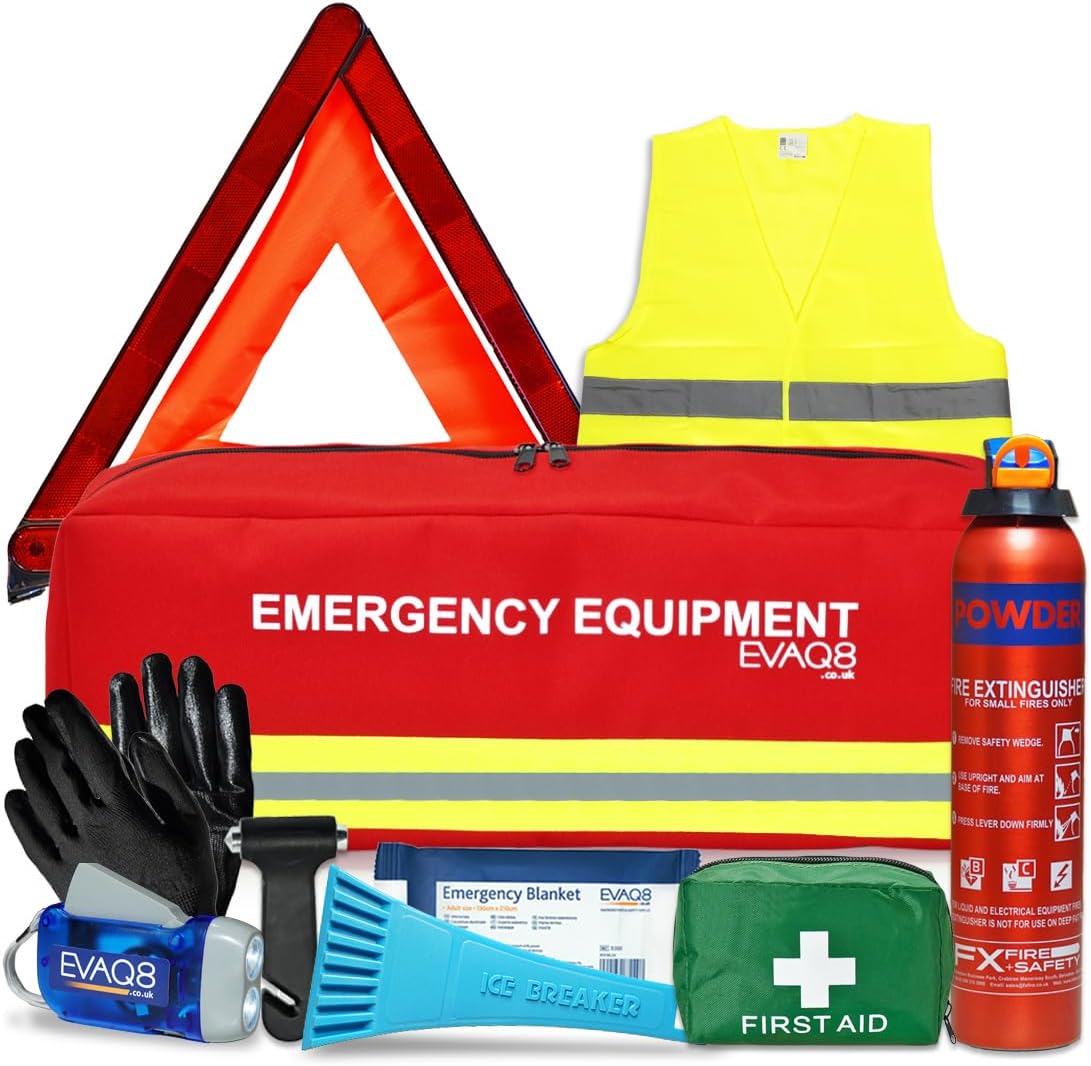 EVAQ8 Advanced Car Safety Kit with Extinguisher and Torch UK Standard Parts Includes Warning Triangle, First aid kit, Emergency Blanket, Safety Hammer, Torch, high Visibility Vest, Carry Bag