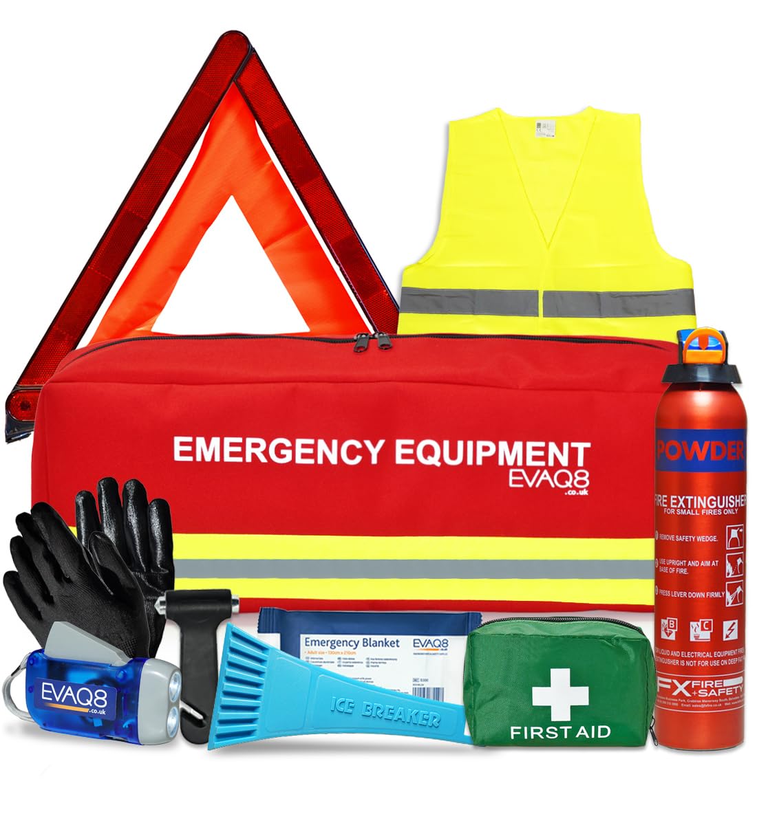 EVAQ8 Advanced Car Safety Kit with Extinguisher and Torch UK Standard Parts Includes Warning Triangle, First aid kit, Emergency Blanket, Safety Hammer, Torch, high Visibility Vest, Carry Bag