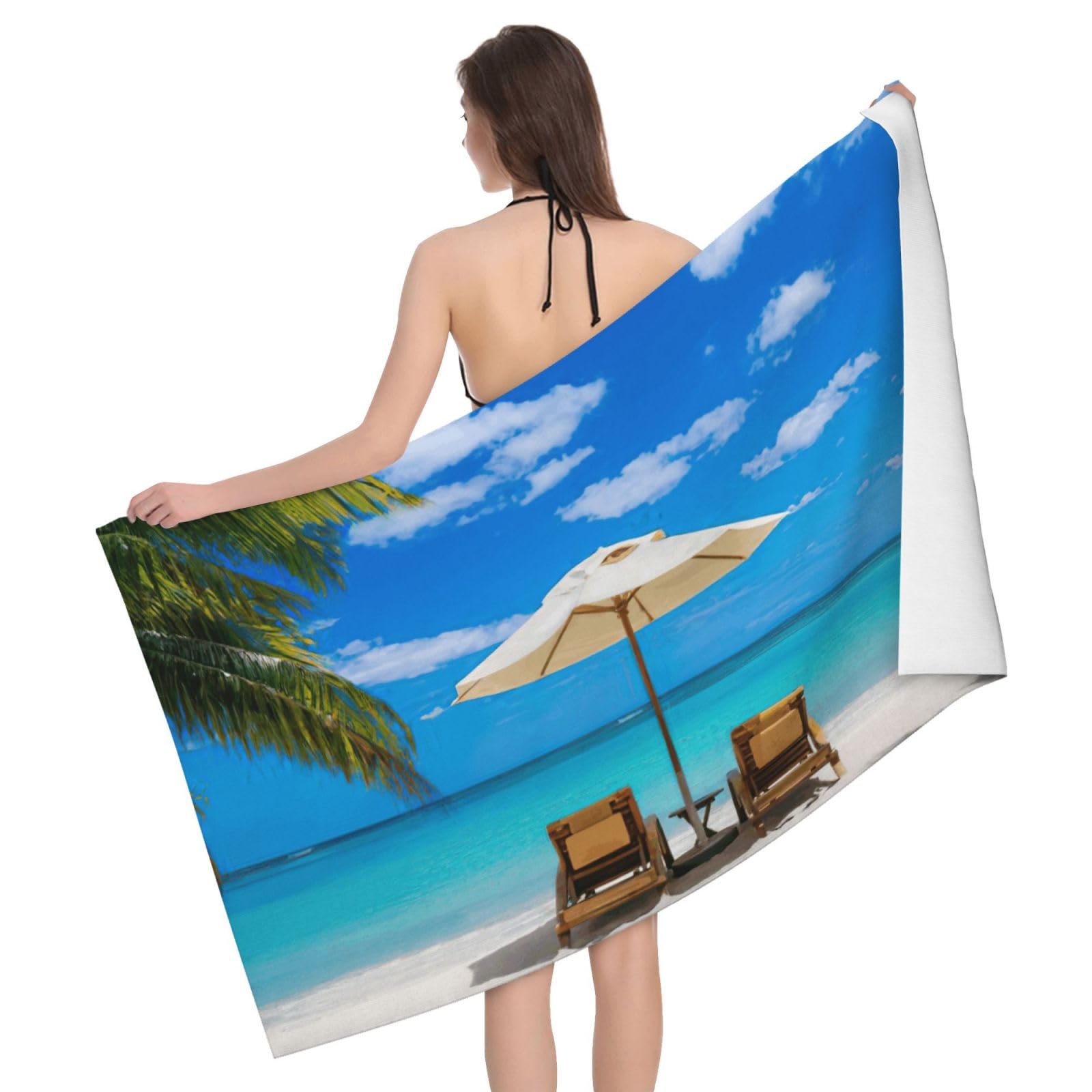 Serviette de bain microfibre anti humidité séchage rapide motif tropical blanc pour douche