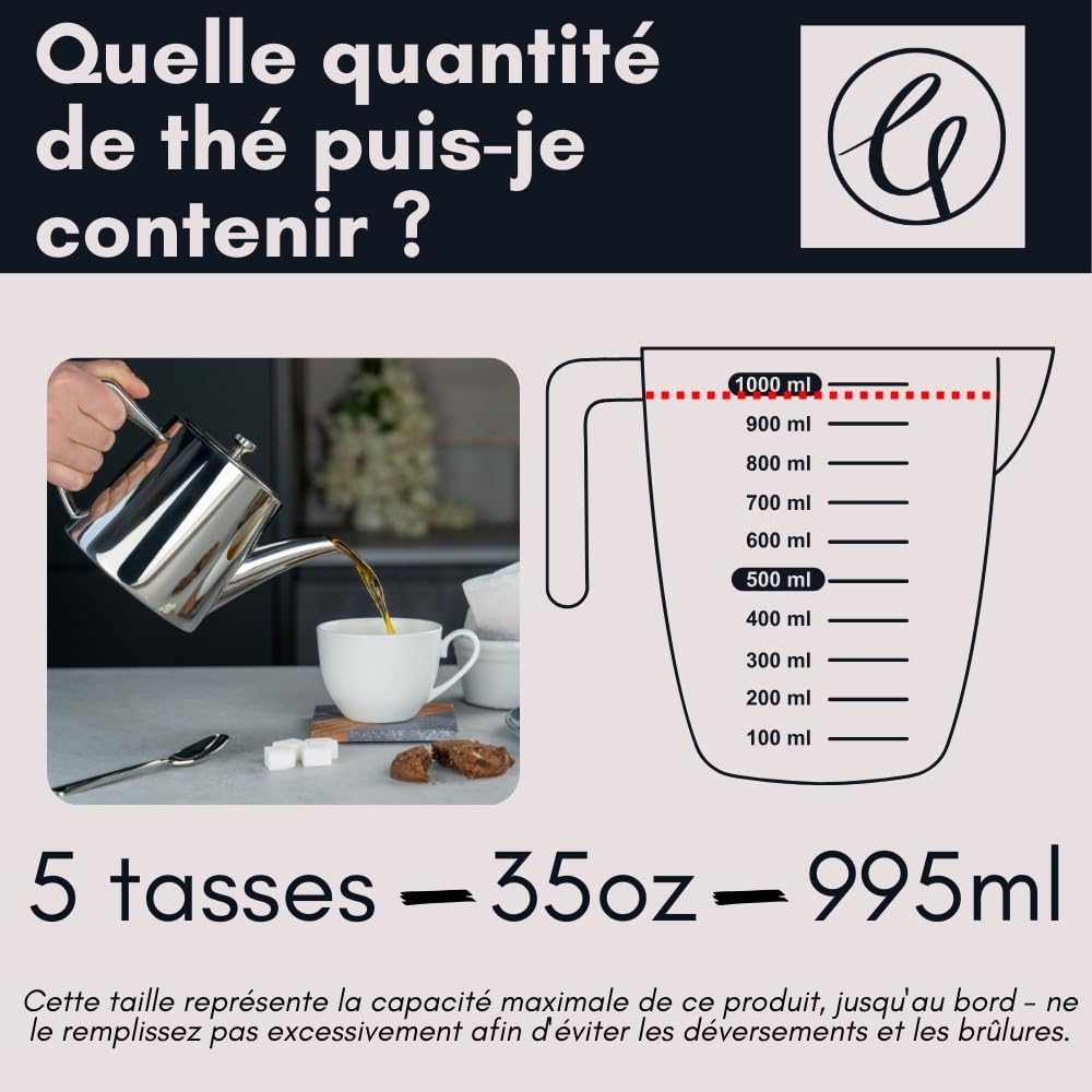 Café Olé Derwent Théière 995 ml, pour 5 personnes, en acier inoxydable, design moderne avec finition miroir, bec verseur parfait