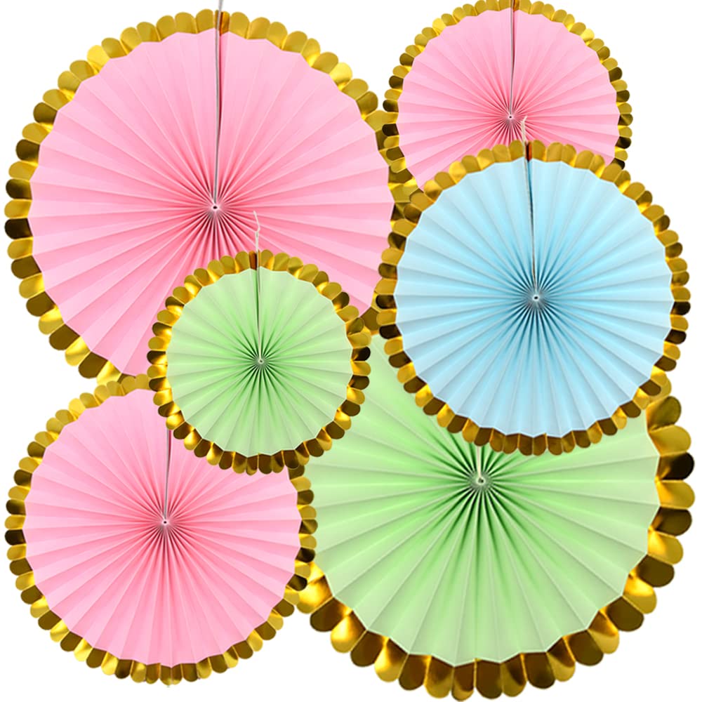 Yosawo Colour Gold Lace 6Pcs Paper Fan Flowers Hanging Paper Fans Decoration For Birthday Wedding Christmas Graduation Theme Party （Colored Gold Lace）