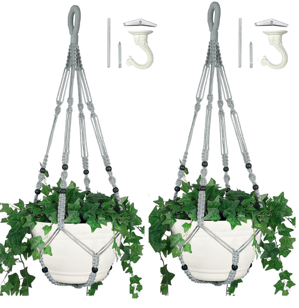 Shineloha2 Pack 43 Inches Macrame Planter Hanger Large up to 12 inch Pot Extra Long + Hook | No Tassel, Cotton Rope Hanging Plant Holder with Swag Hook, NO Plant/Pot Included (Light Grey)…