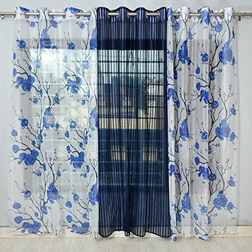 Image of Premium Polyester Floral Sheer Printed Net Combination Transparent Beautiful Curtains Set of 3 Piece for Long Door Blue 9 Feet