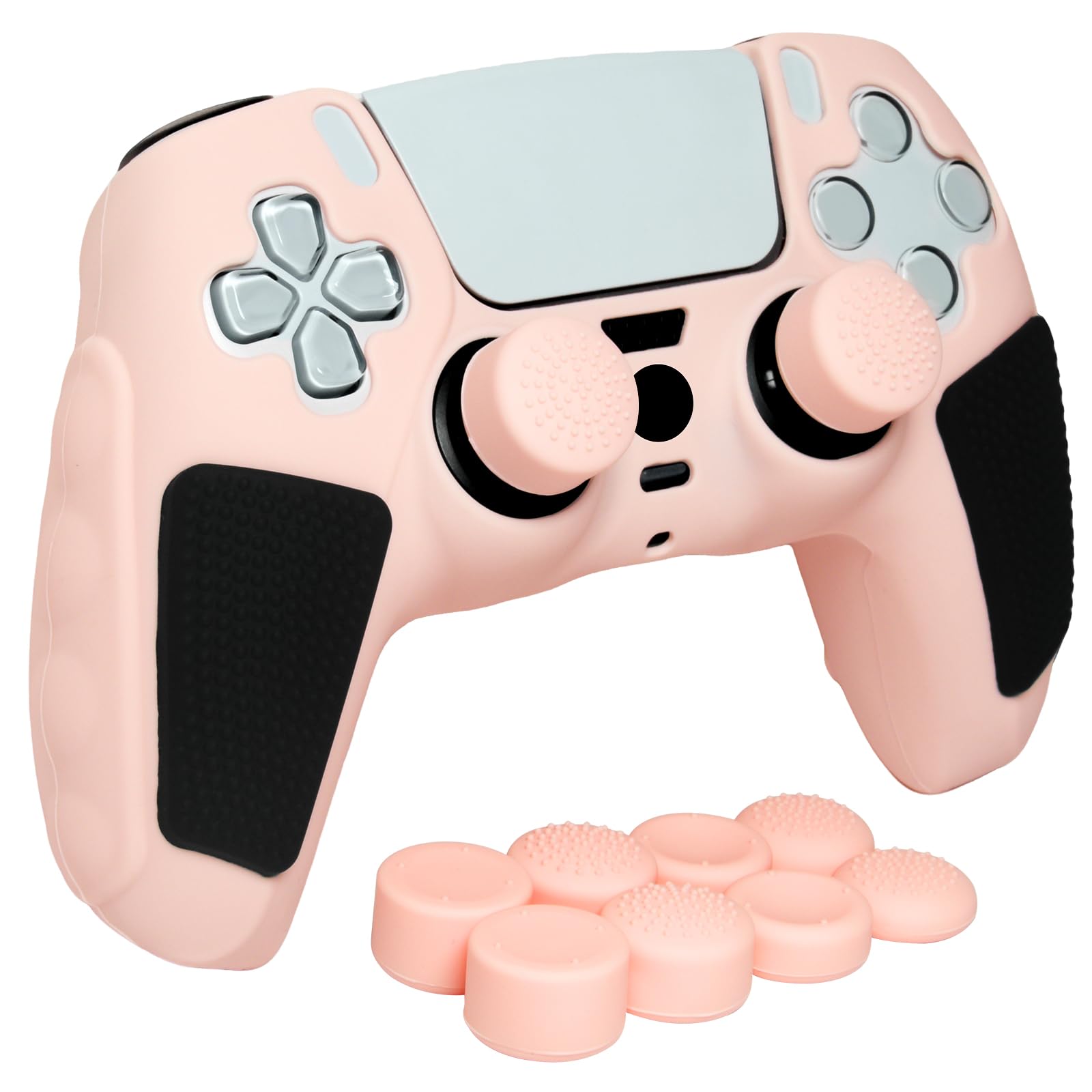 Anti-Slip Peach Pink PS5 Controller Skin,Soft Thicken Studded Protective Silicone Cover Skin Grips Compatible with PS5/Slim/Pro Controller and 8 PCS Thumb Grips Caps.