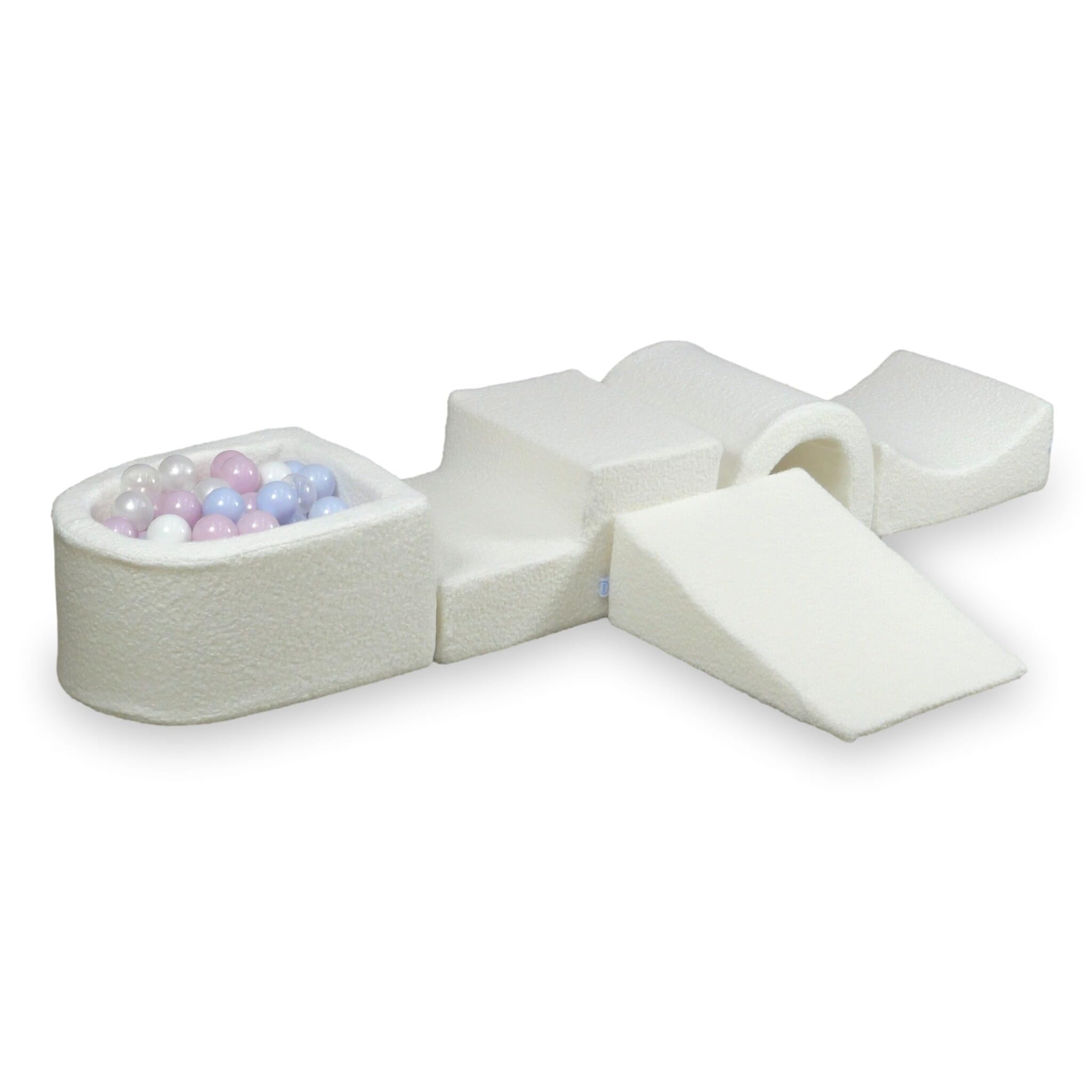 Mimii Parco giochi in schiuma con ponte e piscina con palline Bouclé, bianco, giocattolo da arrampicata per bambini e neonati, 100 palline: trasparente/bianco/perla/rosa perla/azzurro perlato