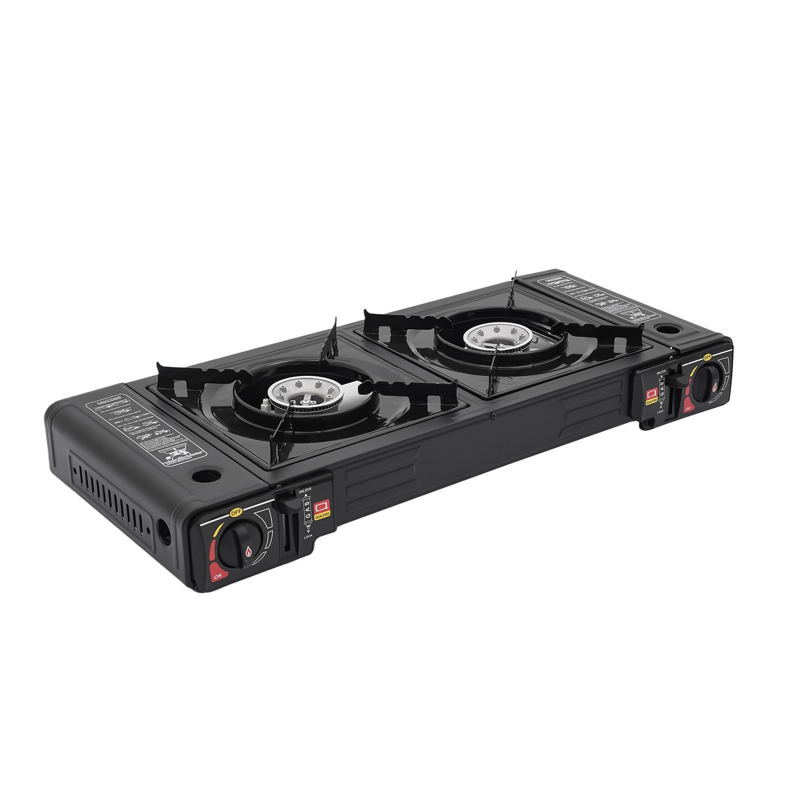 Hornillo de Gas Portátil para Camping, Estufa de 2 Quemadores 2500W con Encendido, Cocina de Gas Butano Portátil con Maletín de Transporte, Barbacoa al Aire Libre, 63x26x12 cm