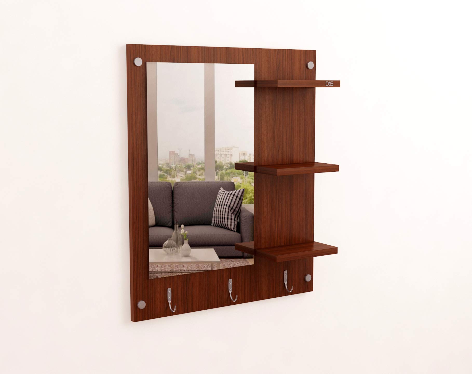 DAS Wool & Wool Blend Wall Mount Makeup Vanity Dressing Mirror/Glass/Table and Multipurpose Rack Shelves with Elegant Double Stainless Steel Hooks (Classic Walnut)- Evelyn 1
