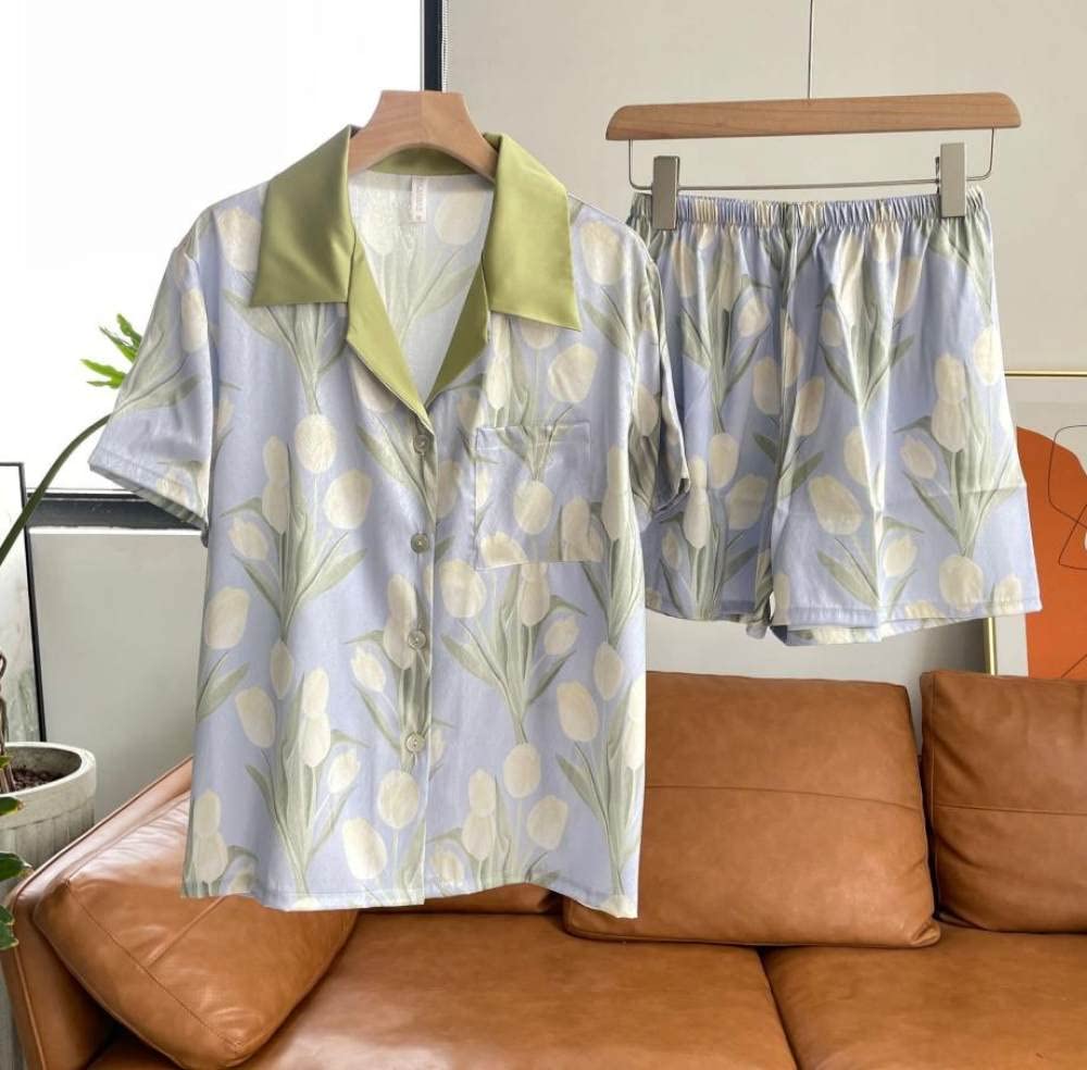 SNPP Damen Schlafanzug Set,Sommer-Damen-Pyjama-Set, Erfrischender Satin-Zweiteiler-Pyjama, Tulip-Muster-Revers-Kurzarm- Und Shorts-Set, Damen-Mädchen-Pyjama-Geschenke,L